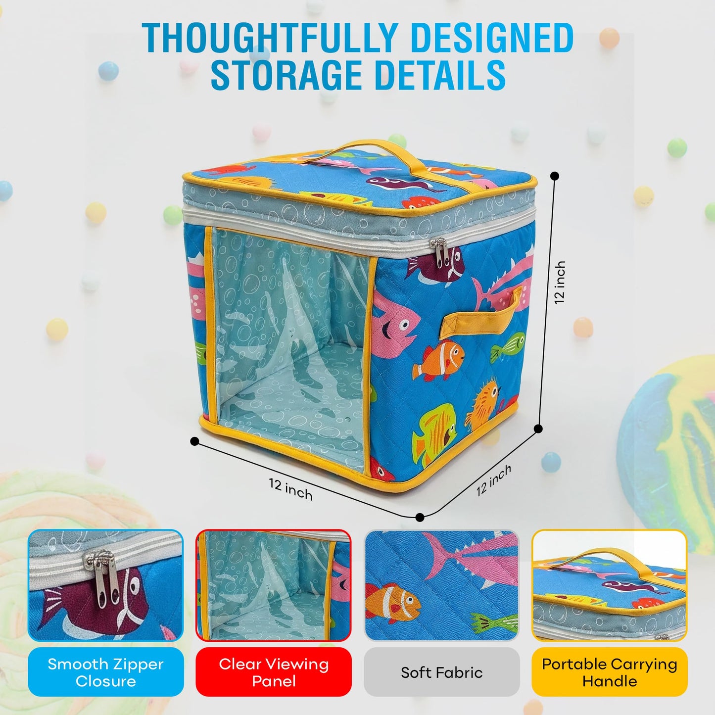 Up North Goods 12" Soft Side Zipper Toy Storage Bag, Quilt Pattern Cloth Cube, Reusable, Clear Bag, Playroom, Bedroom & Puzzles Board Game Organizers And Storage Bin, Fish & Bubbles Design