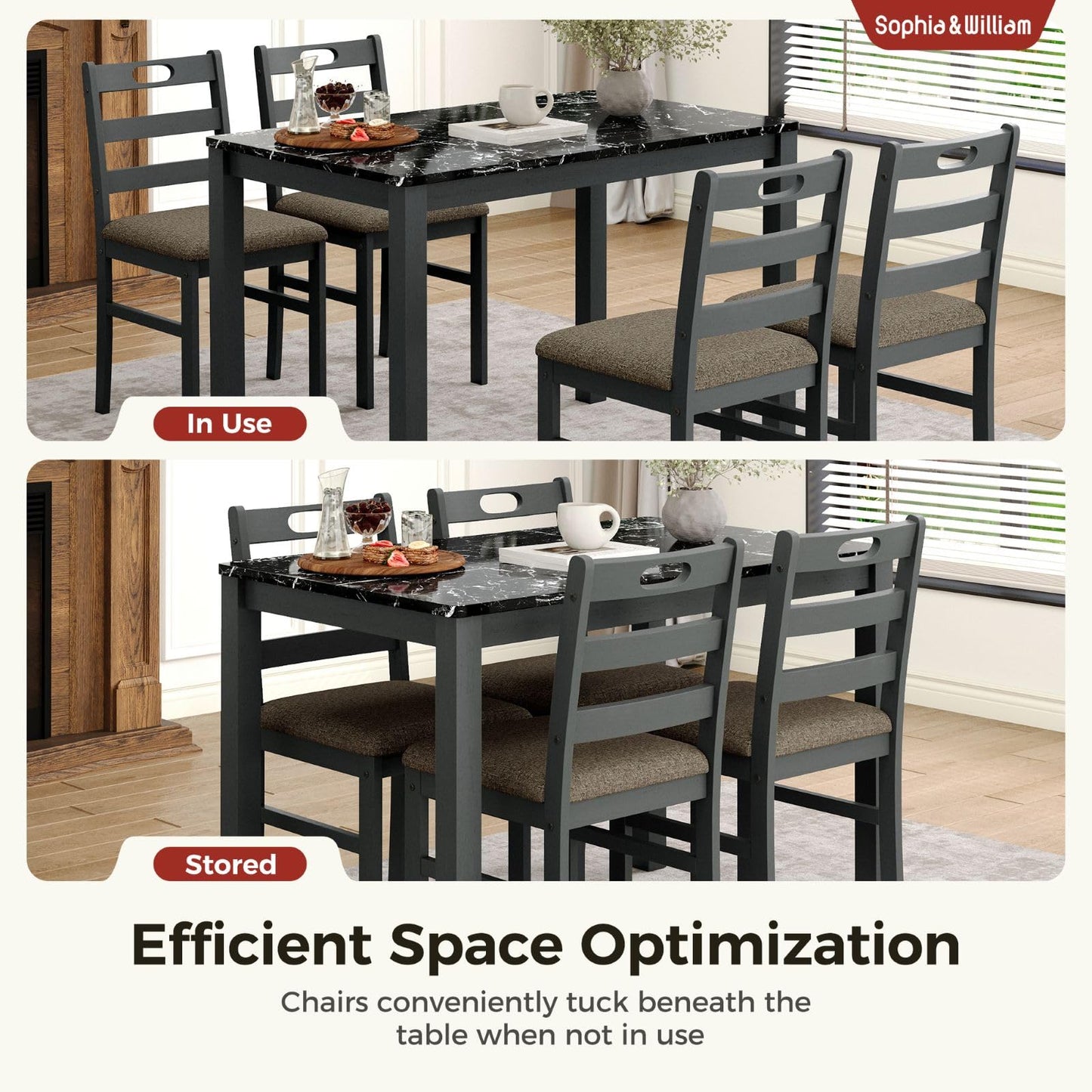 Sophia & William 5 Piece Dining Table Set for 4, Faux Marble Kitchen Table and Chairs Set, Solid Wood Farmhouse Dinner Table Set,Veined Black Marble & Gray