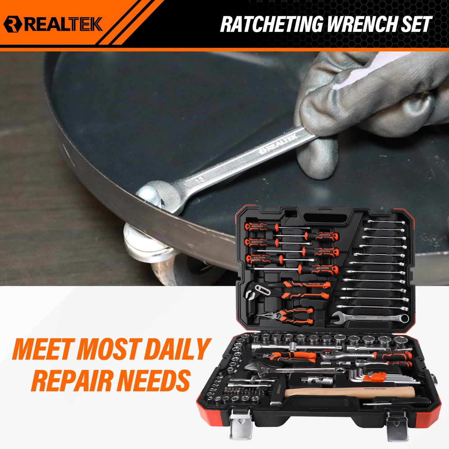 REALTEK 100 Piece Mechanic Tool Set, Car Tool Kit, Cr-V Socket Wrench Auto Repair Kit Includes Socket Accessories, Pliers, Heavy Hammer, Screw Drivers, General Households Tools with Larger Case
