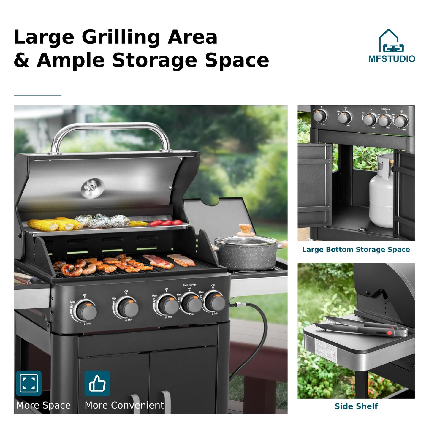 MFSTUDIO 4 Burners Propane Gas Grill and Griddle Combo with Side Burner, 2 in 1 Griddle Grill and Porcelain-Enameled Cast Iron Grates, 46,700 BTU Outdoor Cooking Barbecue Grill, Black