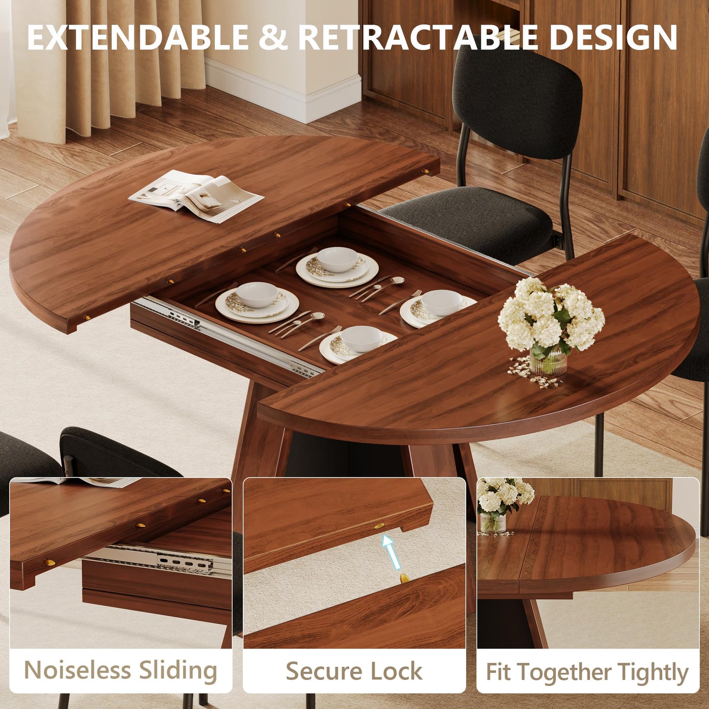 Einhomn 5-Piece Extendable Round Dining Table Set for 4-6, 59 '' Kitchen Circle Table with 4 Chairs, Space-Saving Wood Base Dining Set for Kitchen, Living Room