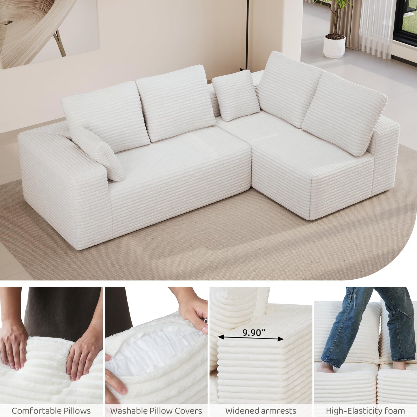 WJShome 104” Modular Sectional Cloud Couch, Boneless Sofa with Deep Seat, Comfy Fluffy Couch with L-Shaped Chaise, No Assembly Required, Right-Facing Chaise, Beige
