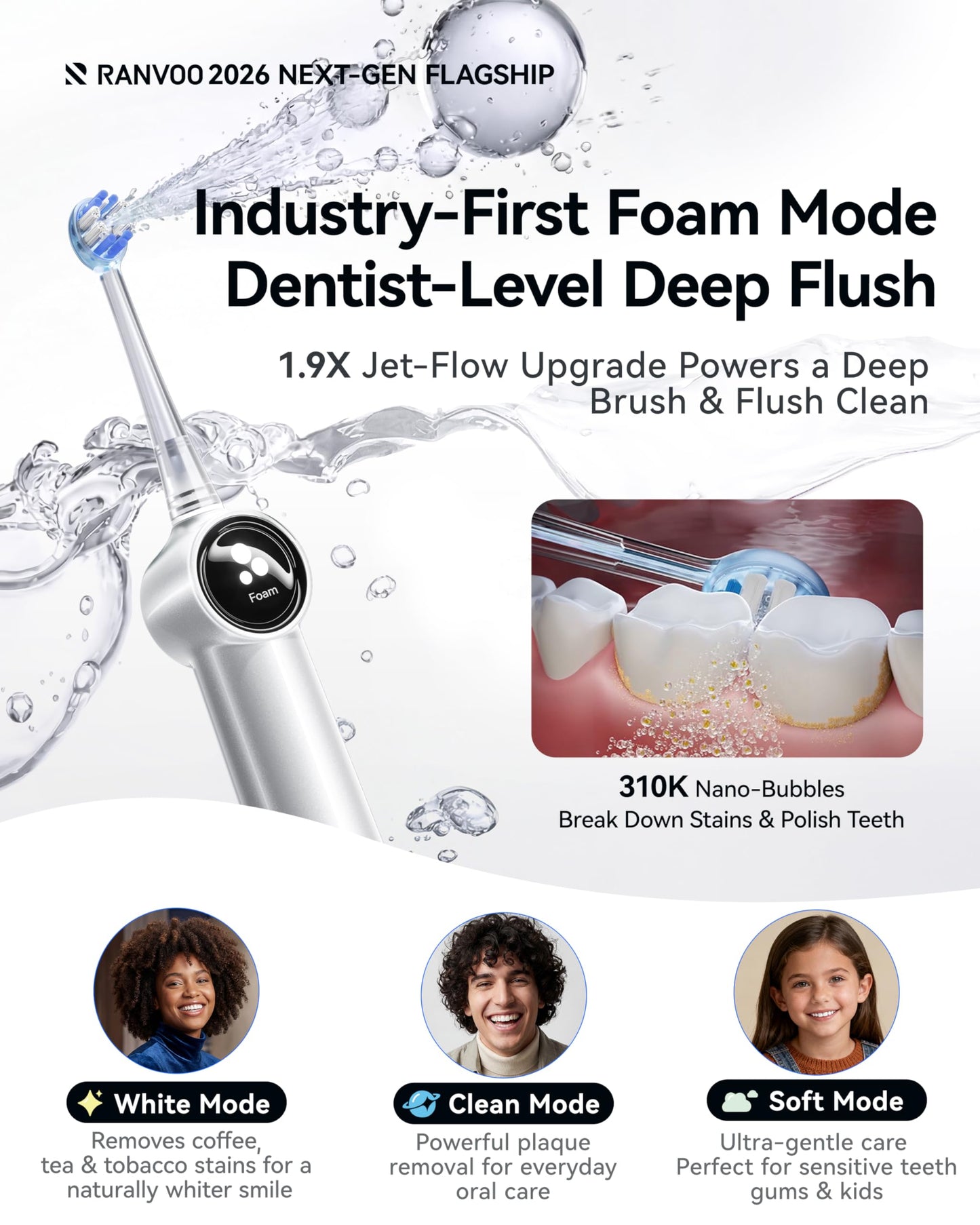 RANVOO AirJet X5 [Next-Gen Jet-Flow | Maximum Clean Power] Sonic Electric Toothbrush, 100% Plaque Removal, Whitening & Gum Care, 60-Day Battery Life, Rechargeable with 3 Pro Brush Heads, Space Gray