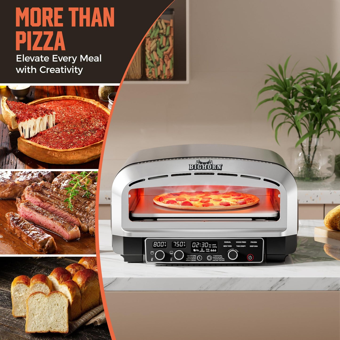 BIG HORN OUTDOORS Pizza Oven Indoor, 14 Inch Electric Countertop Pizza Oven with 6 Preset Modes, Perfect Pizza Maker Machine for Home, Pizza Cooker with Pizza Stone and Pizza Peel, Stainless Steel