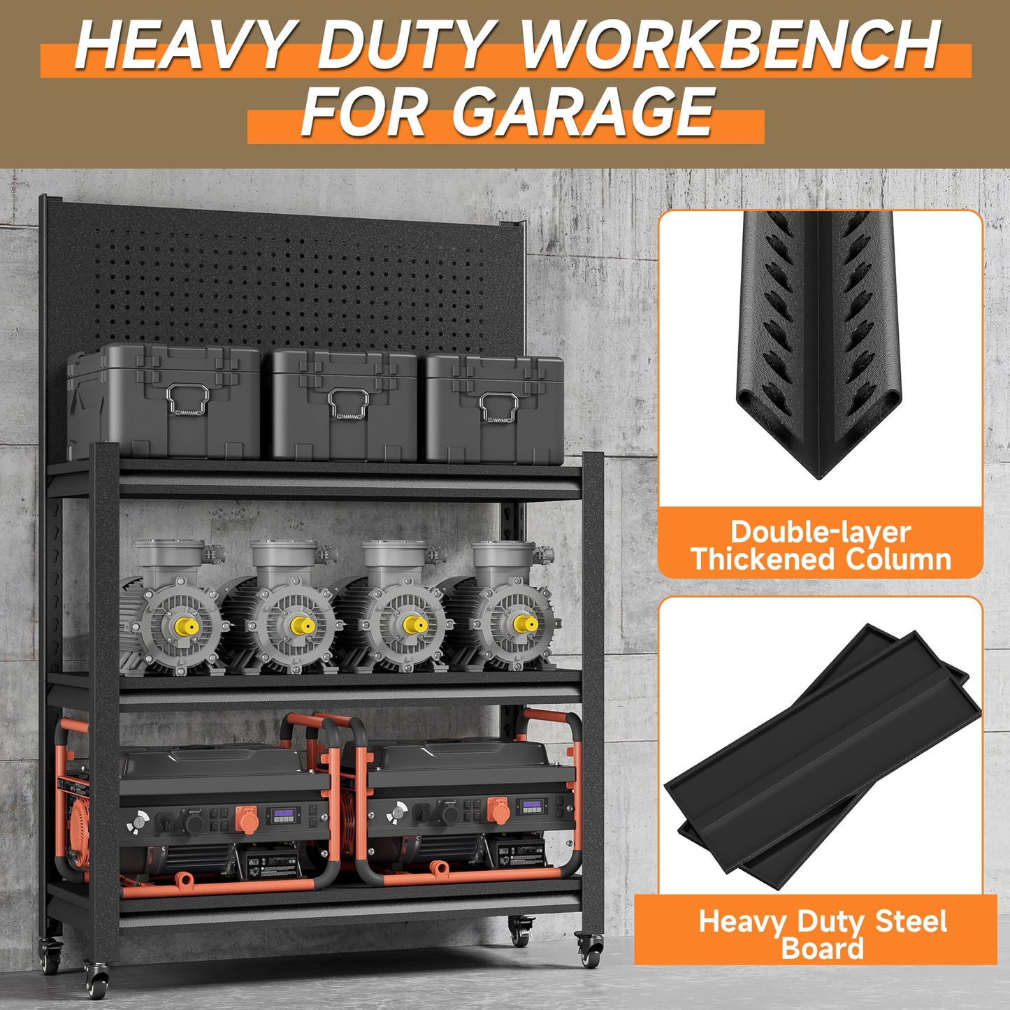 TOPASS Workbench with Pegboard, Adjustable Heavy Duty Work Table with Wheels, Heavy Duty Workstation, Metal Tool Work Bench for Garage Warehouse Workshop, 48" H x 18" D x 34" W, Black