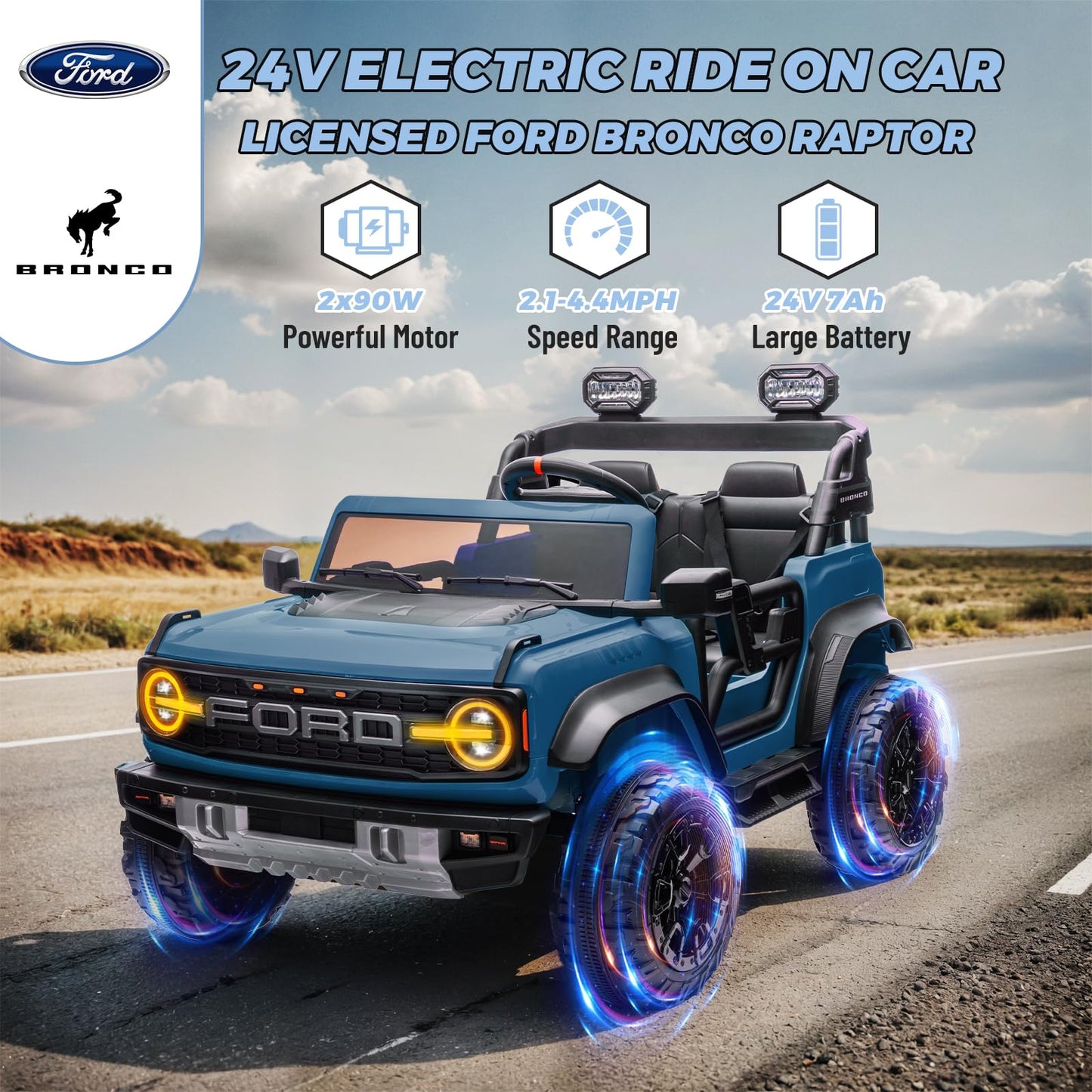ENYOPRO 2 Seater Ride On Car for Kids, 24V Licensed Ford Bronco Raptor Electric Power Ride On Truck Toy with Remote Control, 4 Wheels Shock Absorption, Soft Start, Bluetooth, Radio, 3 Speed - Blue