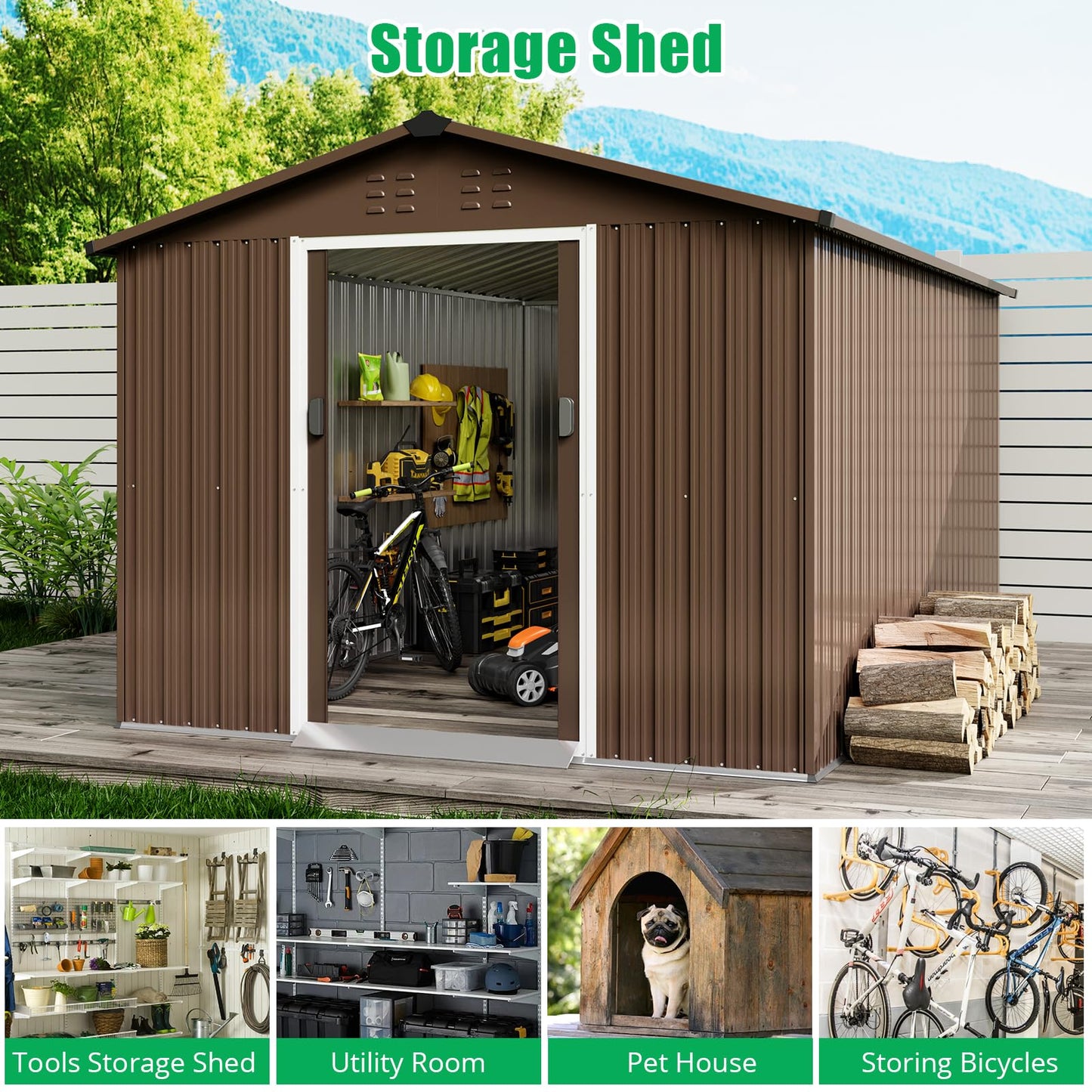 Garvee 8x15 Ft Outdoor Storage Shed, Galvanized Steel Tool Metal Sheds & Outdoor Storage with Sloping Roof, Lockable Doors & Vents for Garden, Backyard, Patio, Lawn, Brown