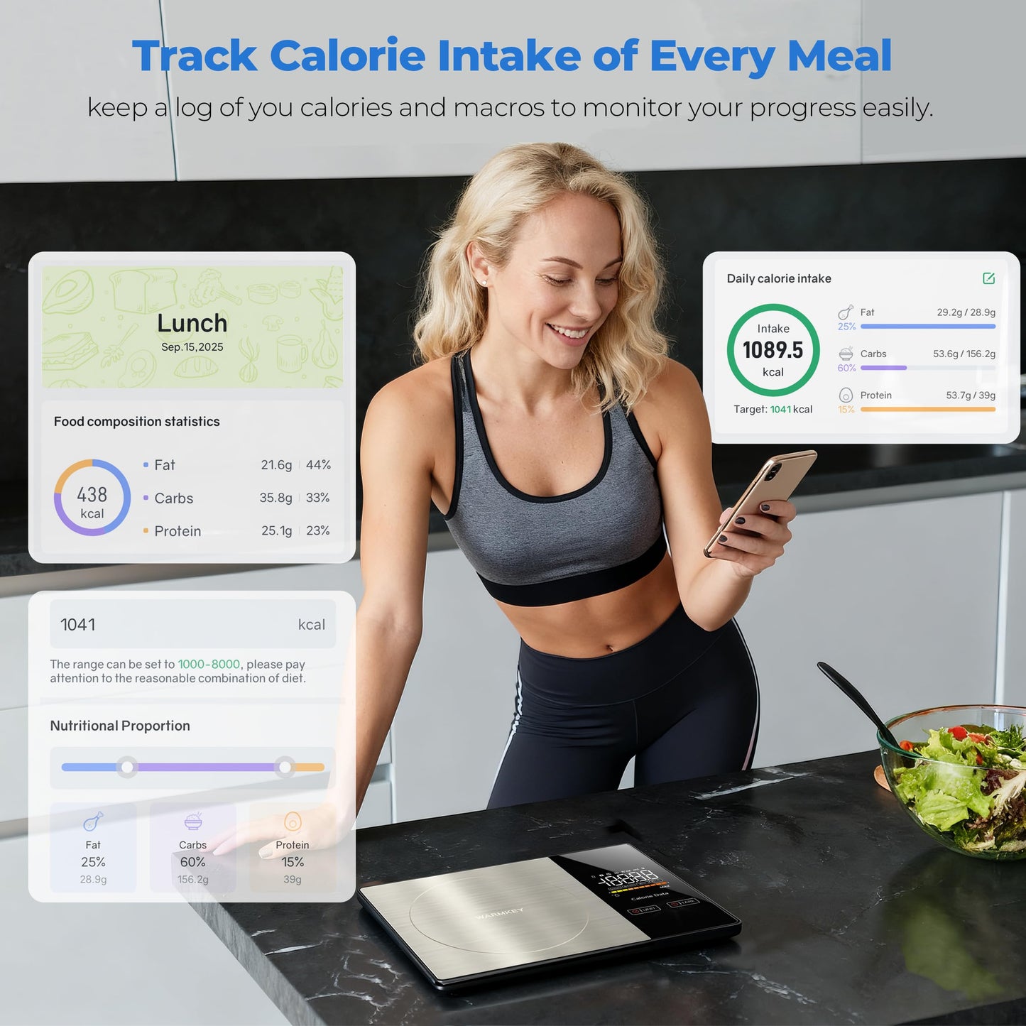WARMKEY Smart Nutrition Food Scale - Digital Kitchen Scale with Nutritional Calculator App,Tare Function,Track Calories &19 Nutrients,11lb/5kg, Grams/Ounces,Stainless Steel for Weight Loss&Diet