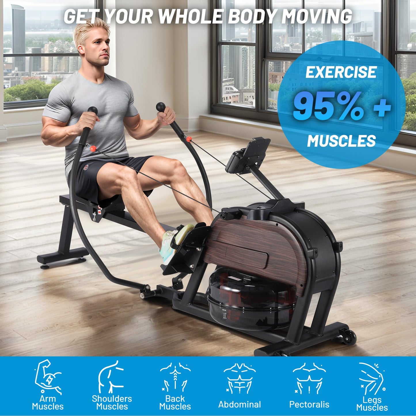 GarveeLife Dual Magnetic & Water Resistance Rowing Machine w Extended Slide, Full-Body Workout, Low-Impact, Ergonomic Full Motion or Premium Water Motion, Max 350 LB Weight Capacity, App Compatible