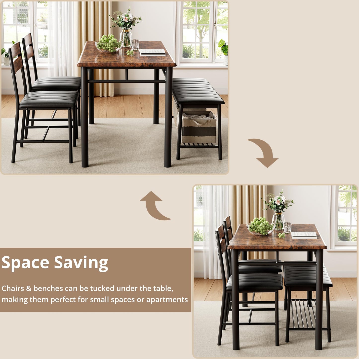 IRONCK Dining Table Set for 4, Kitchen Table with Upholstered Bench and 2 Chairs, Kitchen Table and Chairs Set for Small Space, Apartment, Rustic Brown