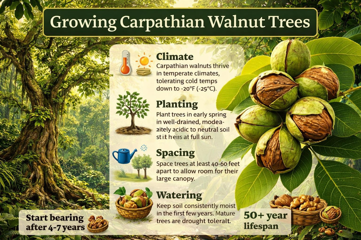 Carpathian Walnut Tree Live Plants (Juglans regia) – Cold Hardy, High-Yield English Walnut Nut Tree – Fast Growing, Premium Hardwood Producer – Ideal for Homesteads & Orchards (3 Trees)
