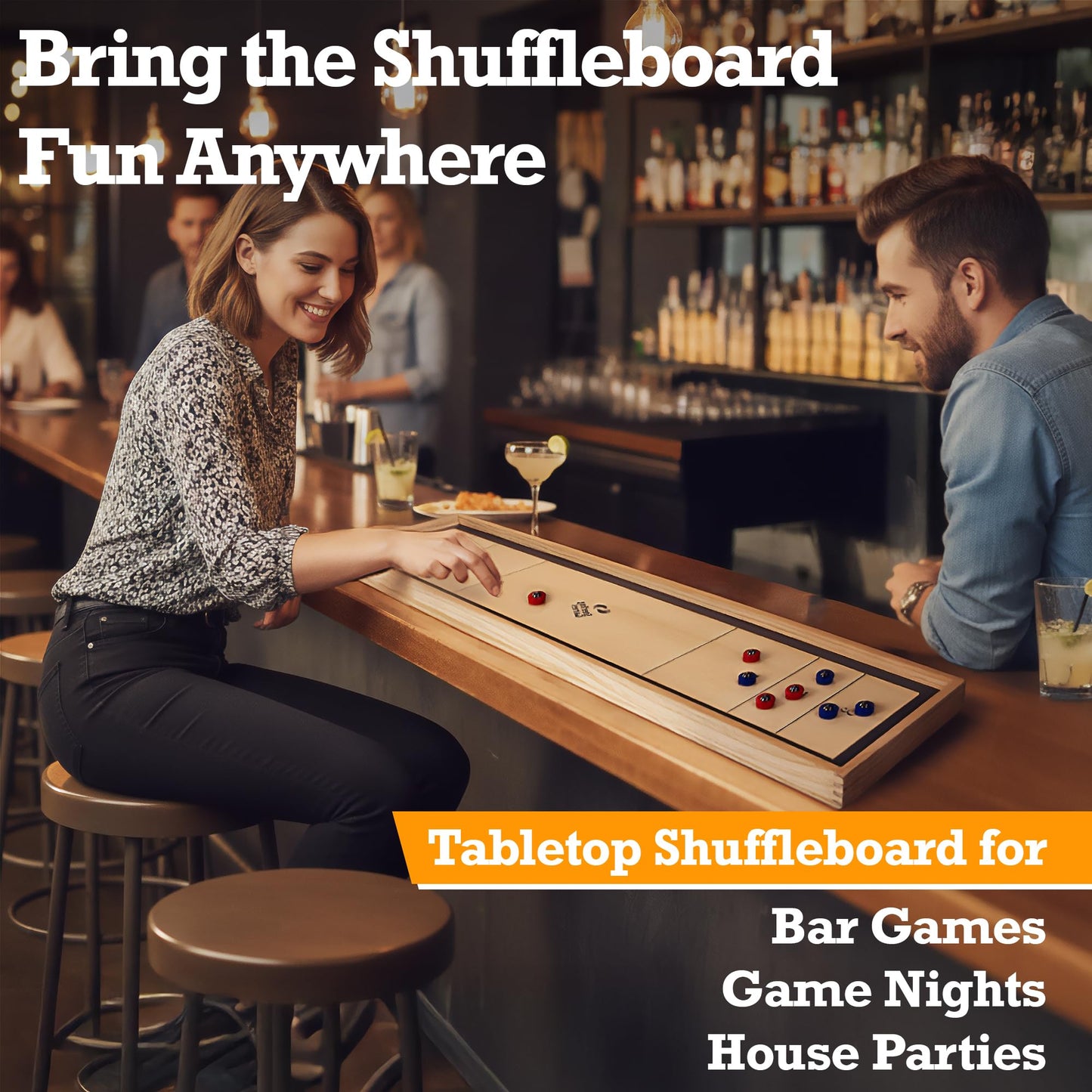 Sterling Games Tabletop Shuffleboard, Bowling and Curling 3 in 1 Combo Game Set, Two Sided Wooden Arcade Game Board with Pucks and Bowling Pins, a Table Top Game for Kids and Family