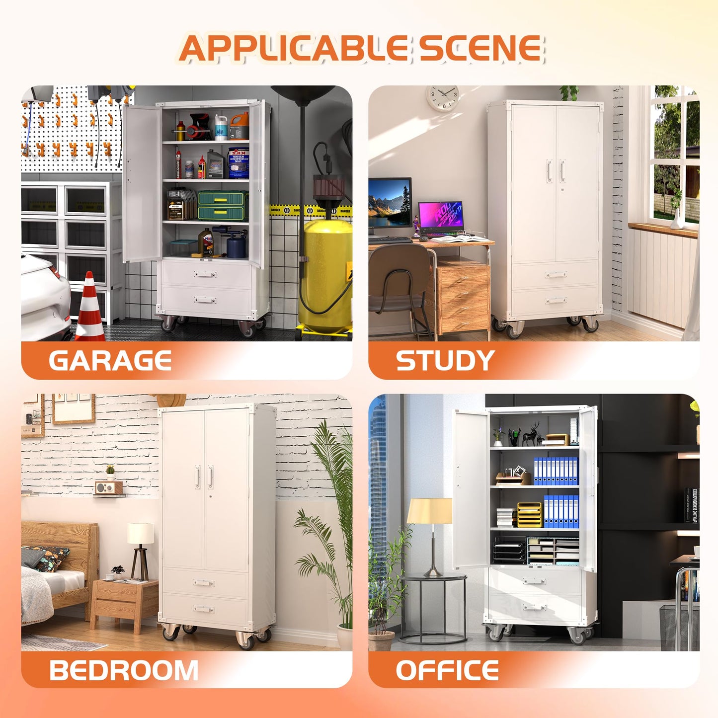 SUXXAN Rolling Storage Cabinet with 2 Doors and 2 Drawers, Heavy Duty Metal Storage Cabinet with Shelves, Locking Steel Cabinet for Warehouse, Home, Office (White)