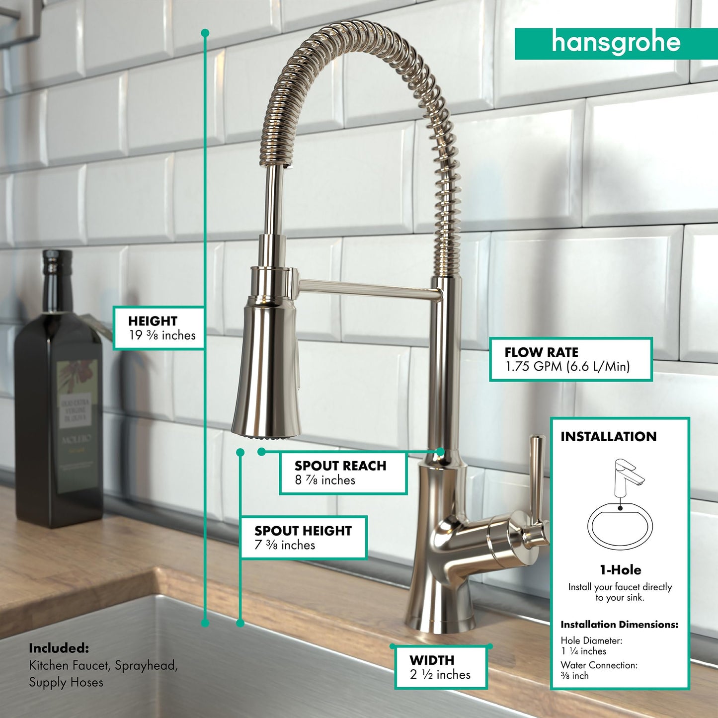 hansgrohe Joleena Brushed Nickel Commercial Kitchen Faucet, Kitchen Faucets with Pull Down Sprayer, Faucet for Kitchen Sink, Polished Nickel 04792830 19.3-Inches Tall