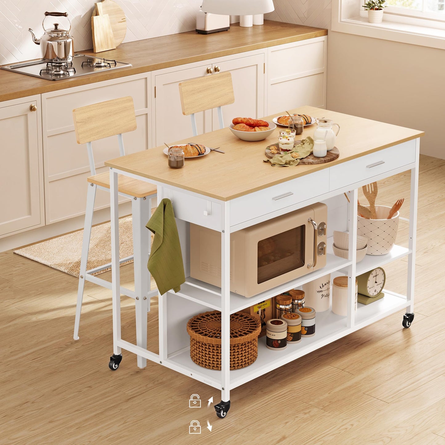 VASAGLE Kitchen Rolling Island, Mobile Kitchen Cart with Storage on Wheels, 27.6 x 43.3 x 35.4 Inches, 2 Drawers, 2 Hooks, for Dining Room, Oak Beige and Matte White UKKI011Y01