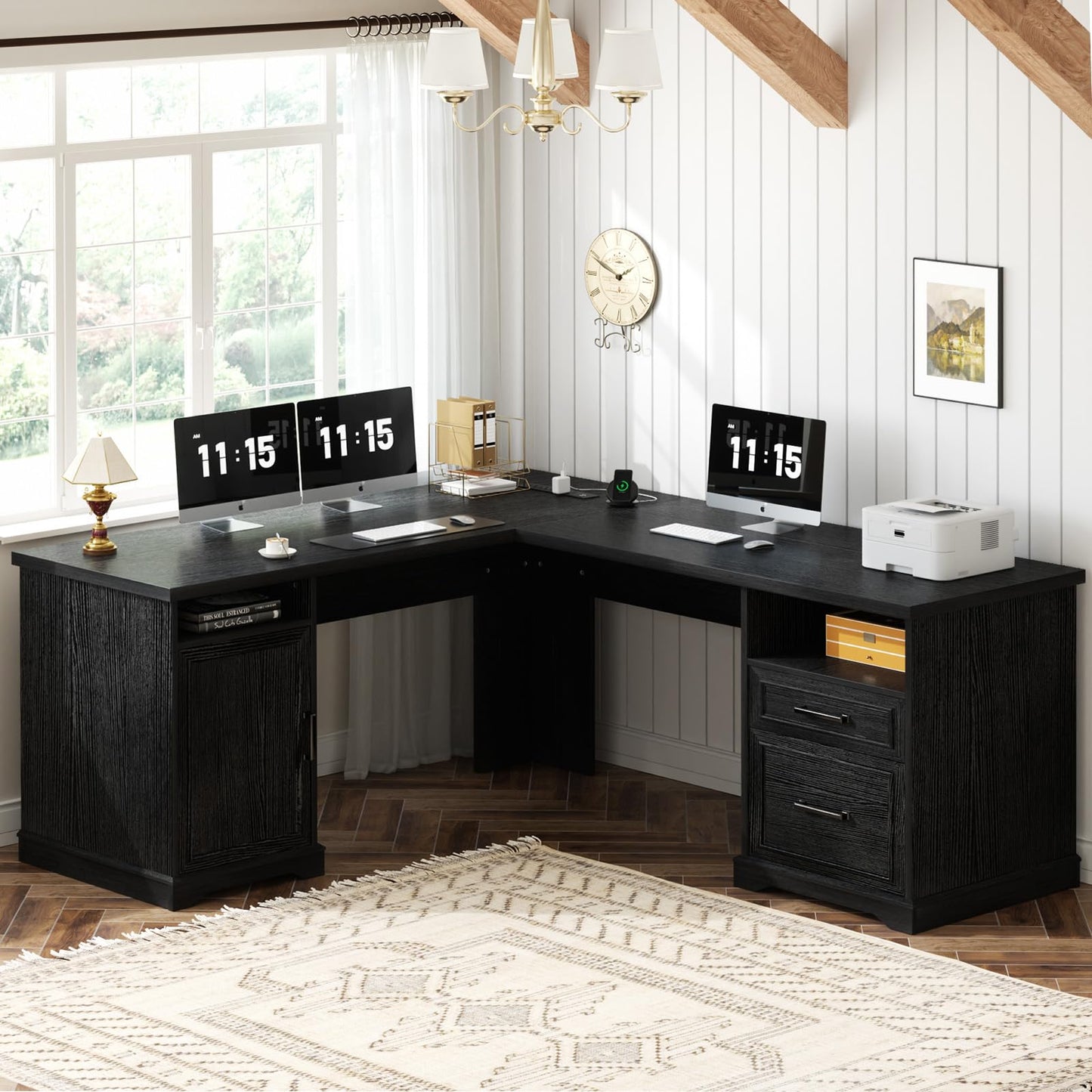 Unikito Farmhouse L Shaped Executive Desk with File Drawers, 60" Corner Computer Desk with Power Outlets, Large 2 Person Home Office Table with Storage Cabinet, Sturdy Writing Desk, Black