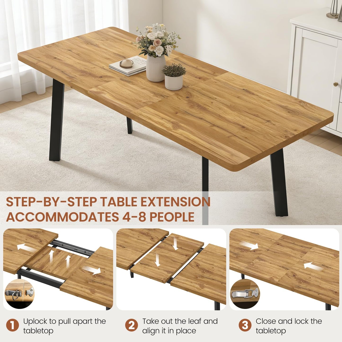 Extendable Dining Table Set for 6 to 8 People, 63" to 78.7" Modern Kitchen Table Set with 6 Chairs, MDF Dining Room Table and Chairs with Removable Extension Leaf (Walnut Table+U-Shaped Brown Chairs)