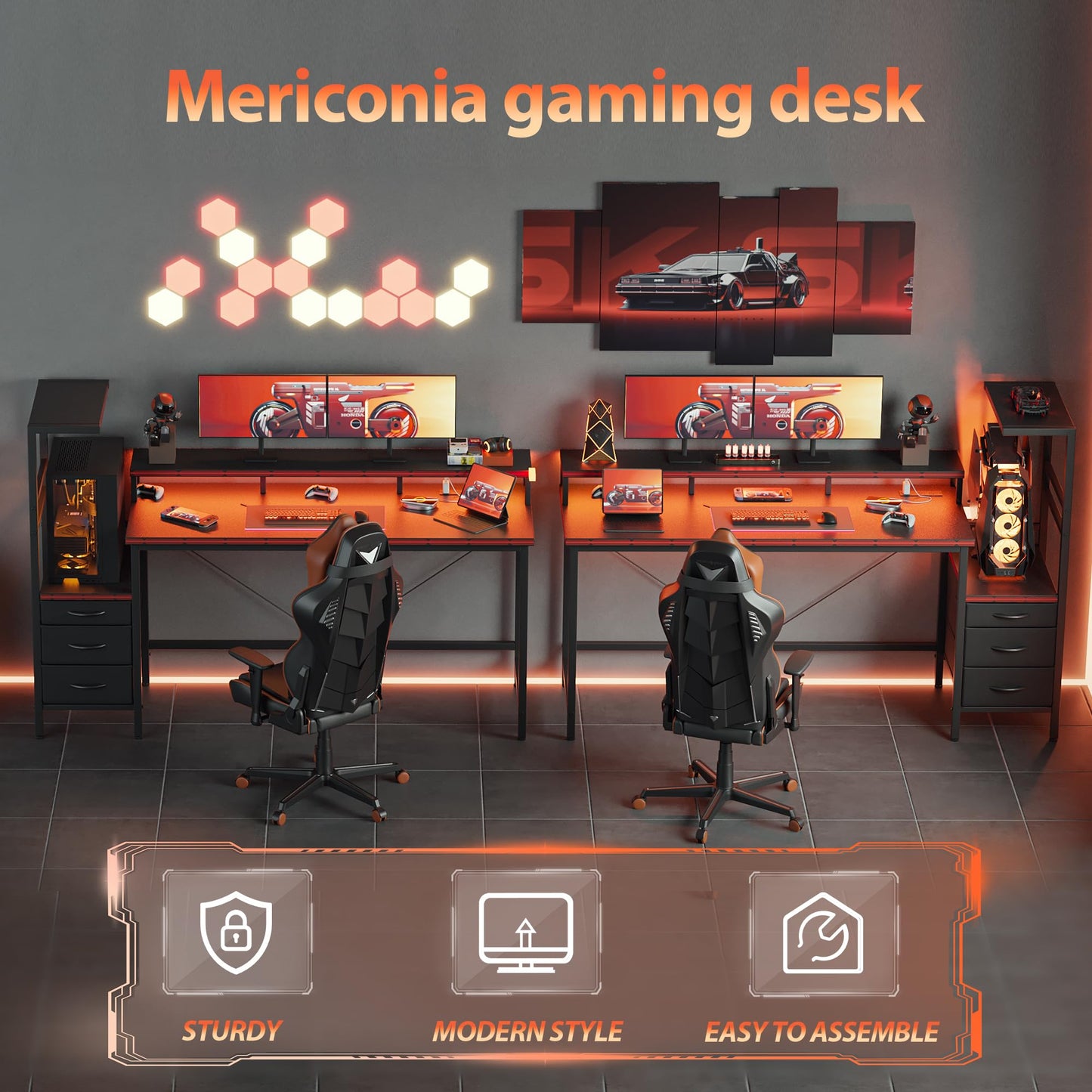 Mericonia Gaming Desk with Power Outlets & LED Lights, Reversible Computer Desk with PC Case Stand, Fabric Drawers, Modern Office Desk with Shelves, Monitor Stand (DJK-Carbon Fiber Black, 51 inch)