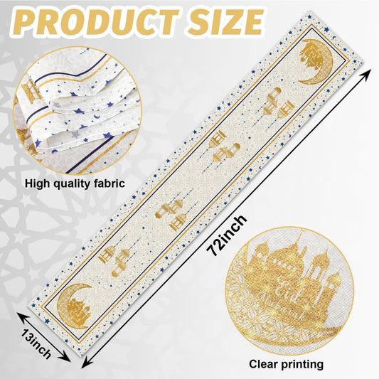 Eid Mubarak Table Runner Decoration, Ramadan Mosque Gold Moon Stars Islamic Happy Holiday for Dining Party Table Decorations Home,13x72 Inches (Beige)