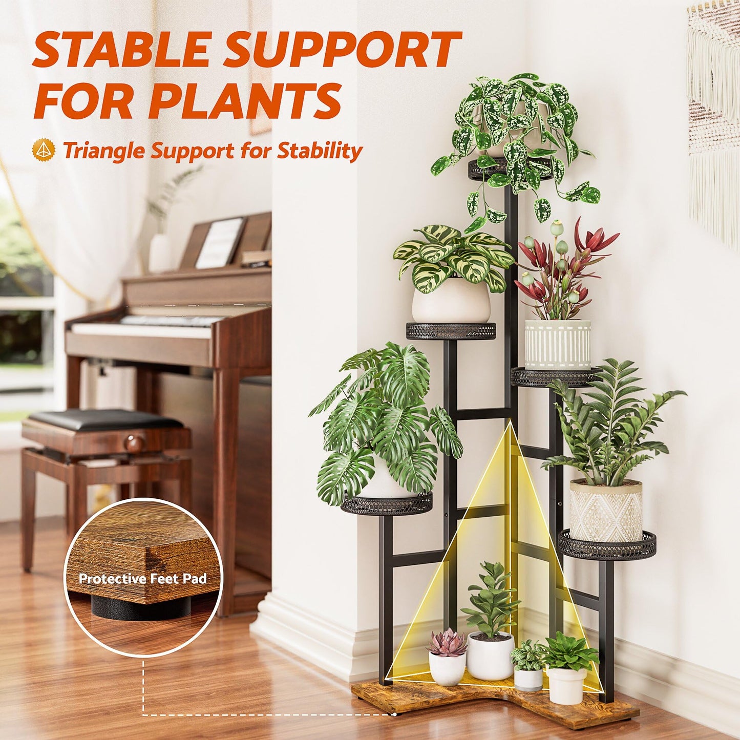 NQW Plant Stand 6 Tier Indoor Outdoor Metal Wood Flower Shelf Corner Flower Holders for Living Room Balcony Garden Patio