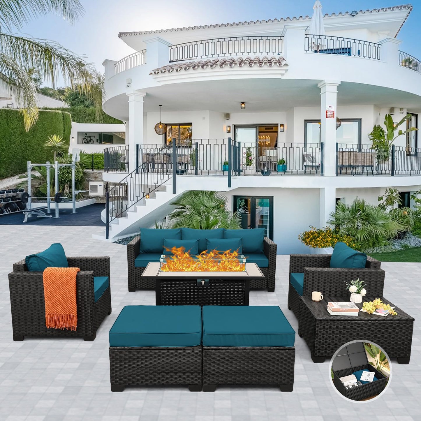 Outdoor Patio Furniture 60000 BTU Outdoor Propane Fire Pit Table Patio Furniture Set 45 In Outdoor Fire Pits 6 Pieces Patio Sofa Outdoor Chairs Anti-slip Cushions Waterproof Covers, Peacock Blue