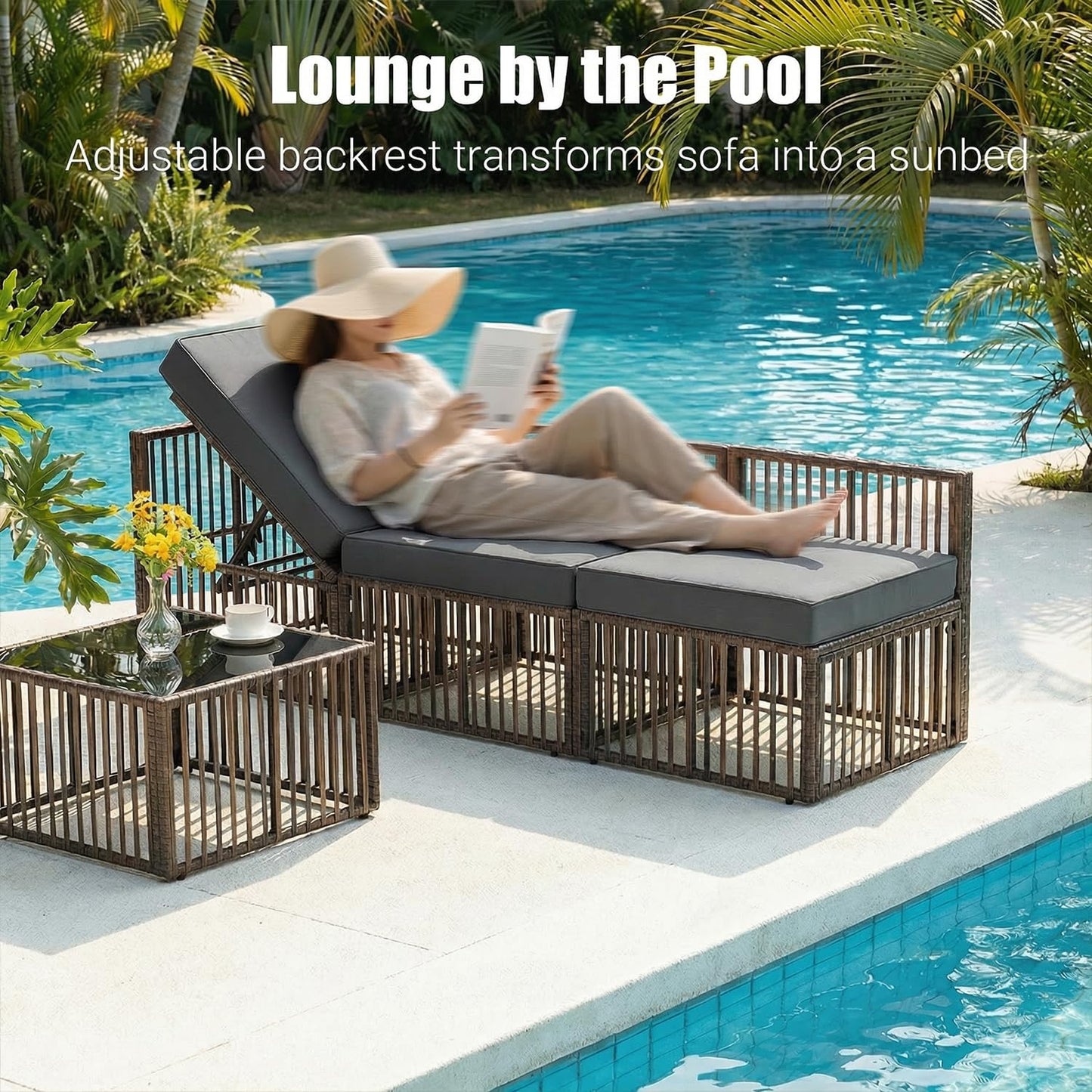 7-Piece Outdoor Patio Furniture Set, Modern PE Rattan Sectional Sofa with Adjustable Chaise Lounge & Glass Table, Modular All-Weather Wicker Conversation Set for Backyard Poolside Porch (Brown-Gray)