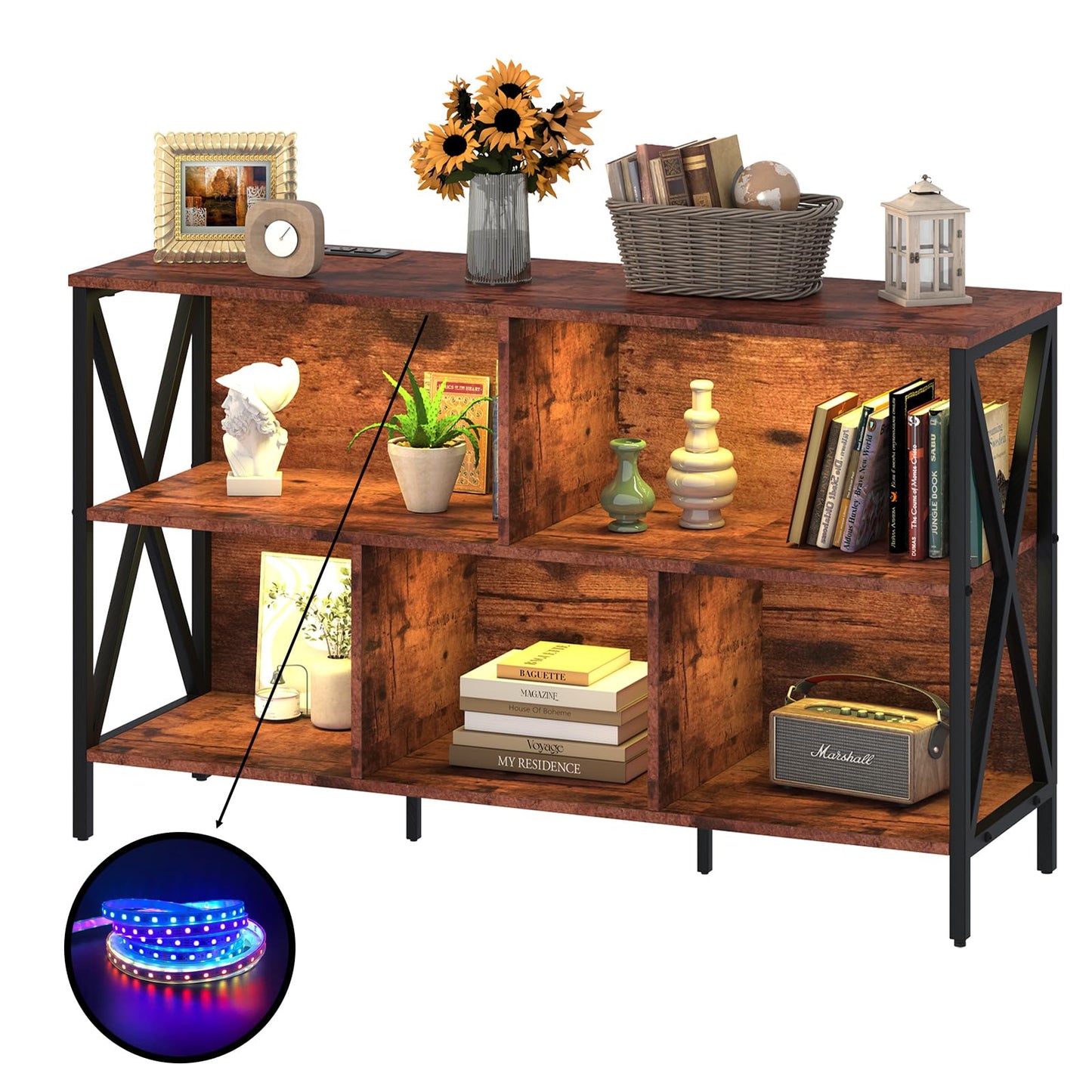 Horizontal Bookshelf,Industrial Modern 5 Cube Low Wide Cubby Bookcase with led Light,Long Wood and Metal Storage Organizer Open Shelf, Book Shelf Bedroom Storage for Home Office Living Room(Brown)