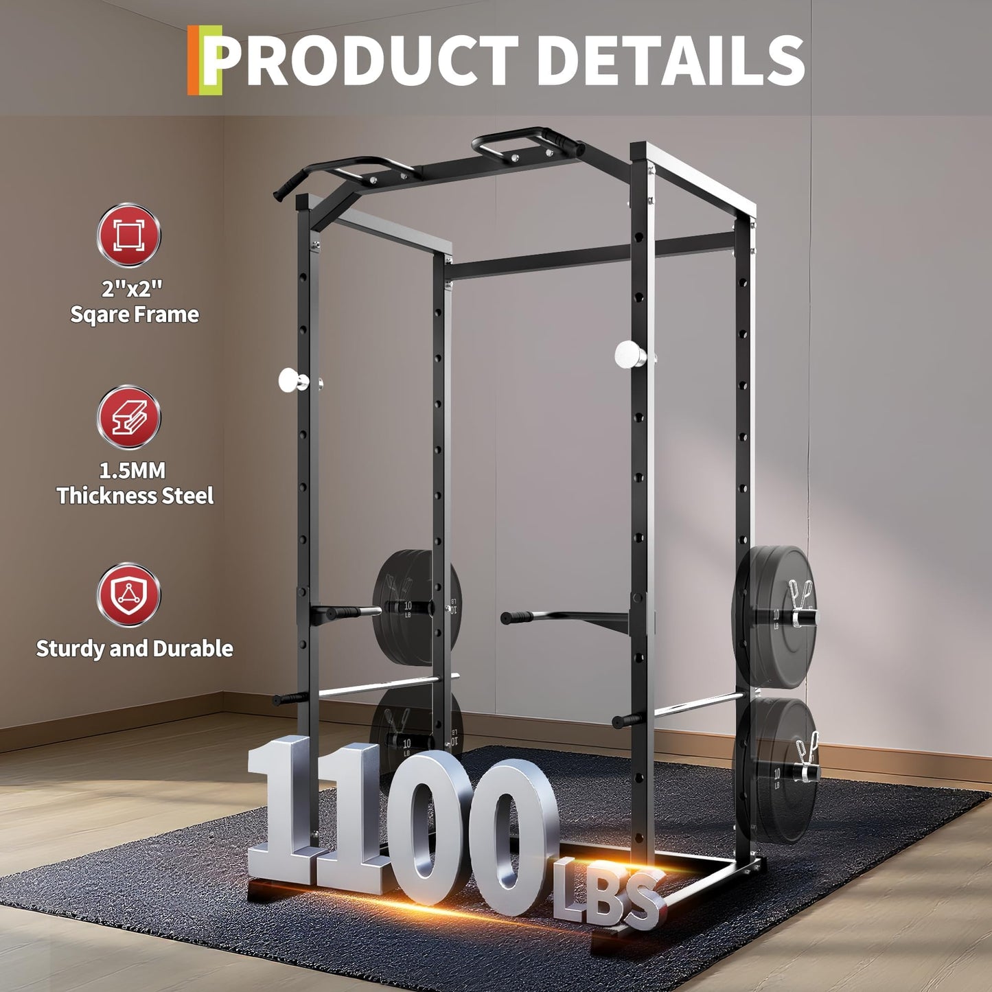 ExploreHorizon Heavy Duty Squat Rack Power Cage, Strength Training Power Cages for Home Gym, 1100 LB Capacity Power Rack with Pull-Up Bar, Dip Bars, Adjustable Safety Spotters, J-Hooks, Plate Storage