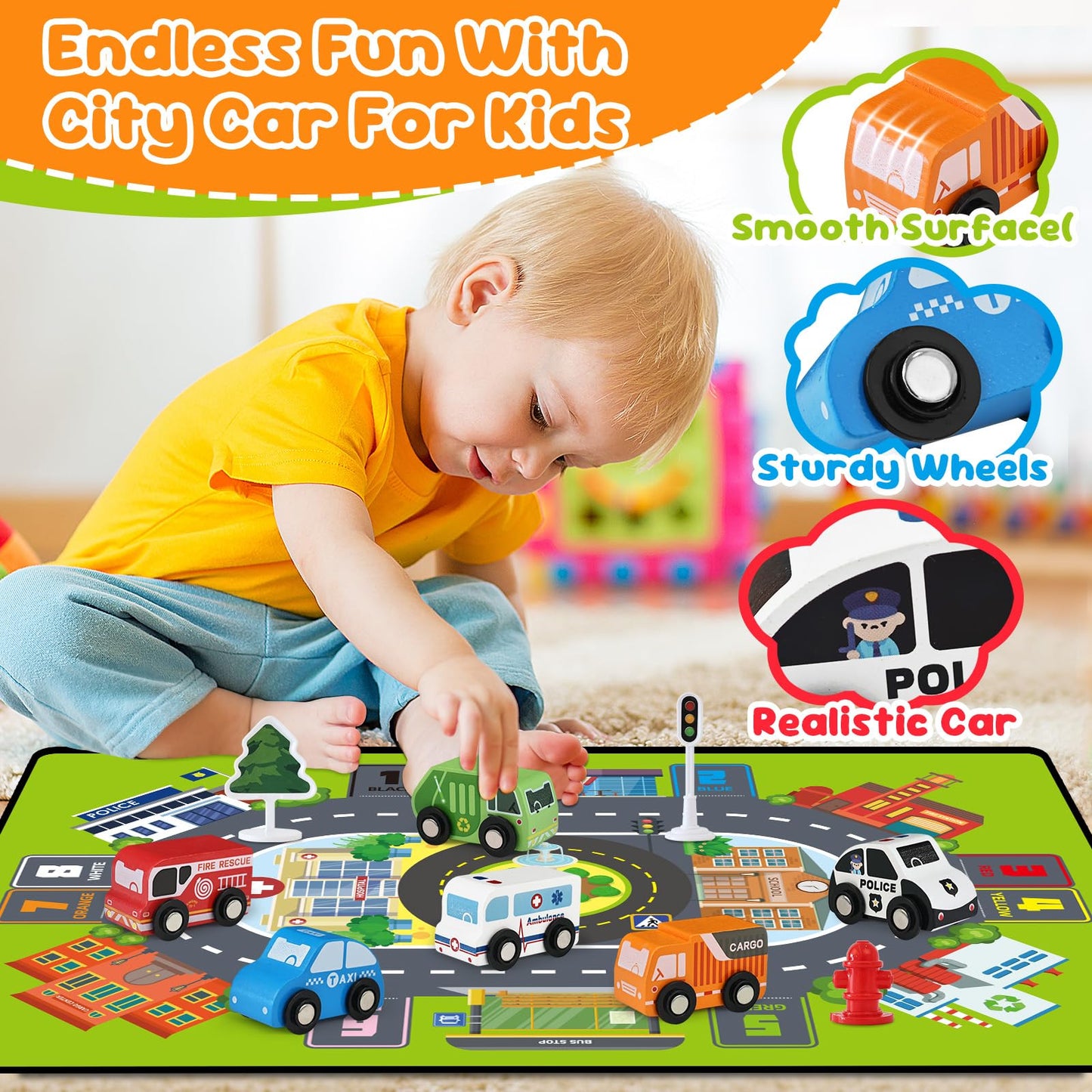Toddler Car Toys, Toy Cars for Toddlers, Wooden Cars Toys for Toddler Boy, 22 PCS Cars and Trucks Toy Vehicles Set with Playmat, Storage Box, Wood Montessori Toys for Baby Birthday Gift