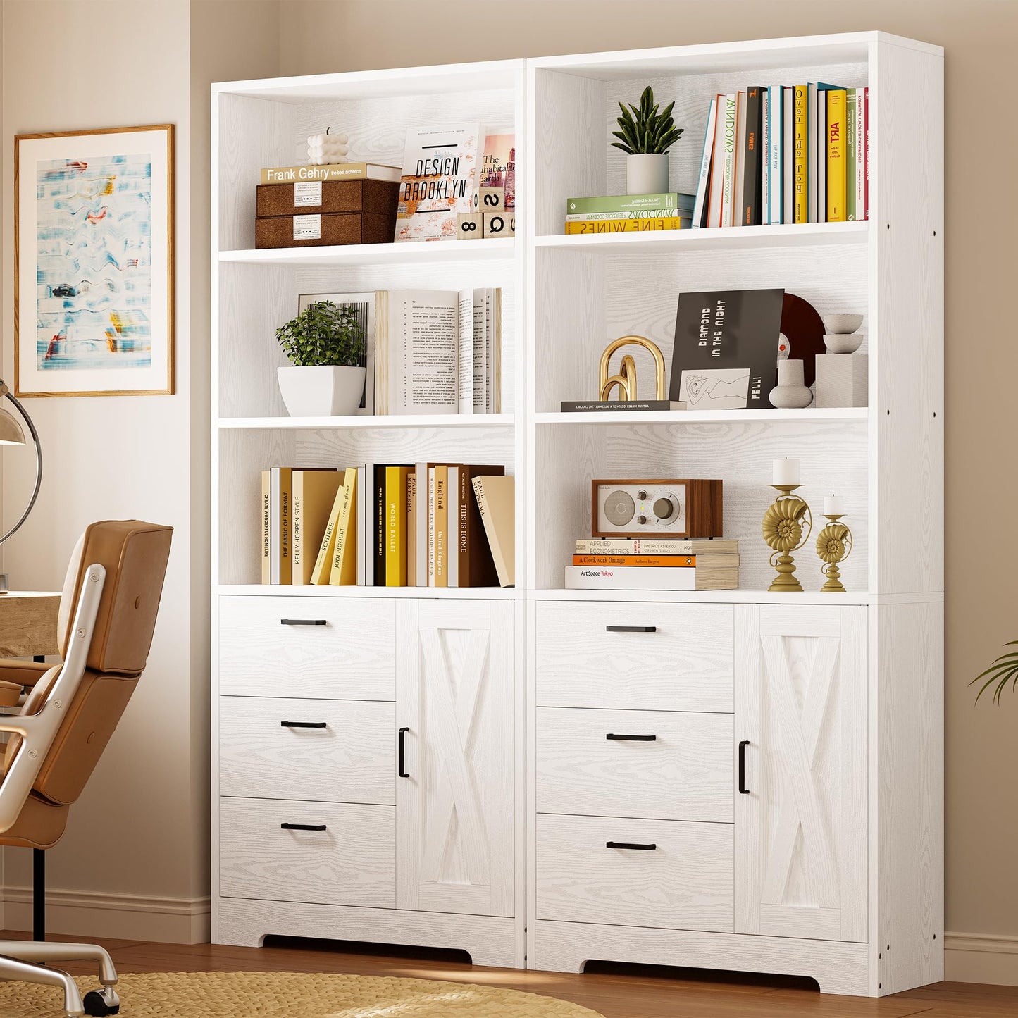 IRONCK Bookshelf with Door and 3 Drawers, 71in Tall Bookcase Shelf with 3-Tier Shelves, for Bedroom Living Room Entrance Hallway Home Office