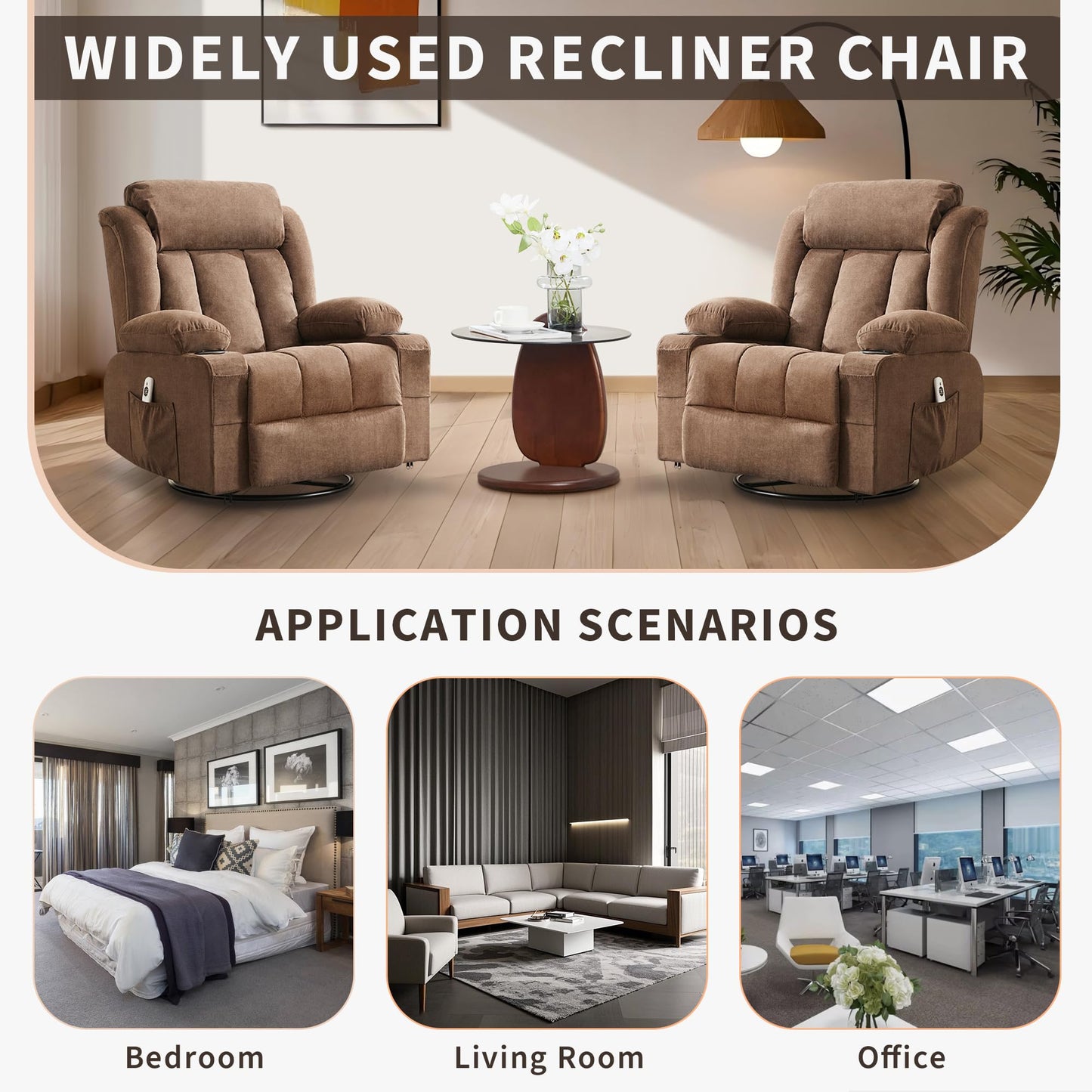 PeacefulHues 360° Swivel Rocker Recliner Chair with Heat and Massage, 3 Positions, USB Ports, Side Pockets, Cup Holders, for Living Room, Bedroom, Brown