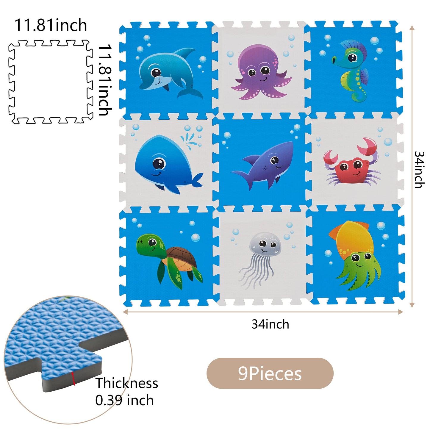 PLAY 10 Puzzle Play Mat, Foam Floor Tiles, Children’s Foam Puzzle Mat Baby Floor Play Mat 34×34 Inches Sea World 9 Pieces, Edge Tooth A