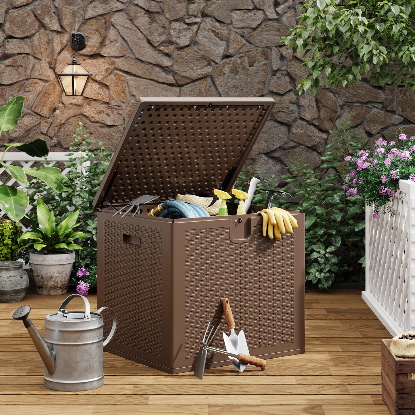 GarveeLife 80 Gallon Outdoor Storage Box, Large Resin Deck Box with Hydraulic Air Rod, Weatherproof & Lockable Outdoor Storage Bin for Patio Cushions, Garden Tools, Pool Supplies, Porch, Brown