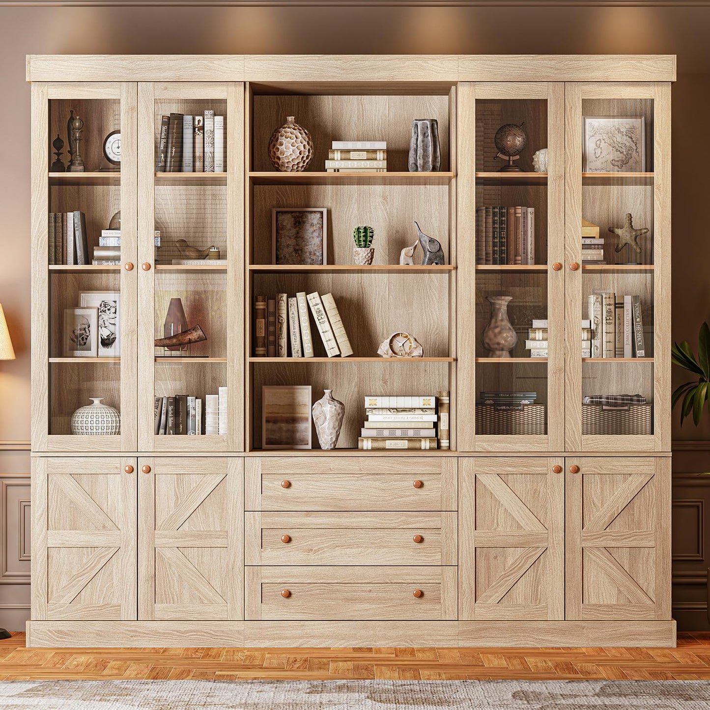 Vyre 71" Tall Farmhouse Kitchen Pantry, Large Storage Cabinets with Glass Doors, Freestanding Wood Hutch Cabinet with 3 Drawers & Adjustable Shelves for Living Room & Dining Room, Brown, Set of 3