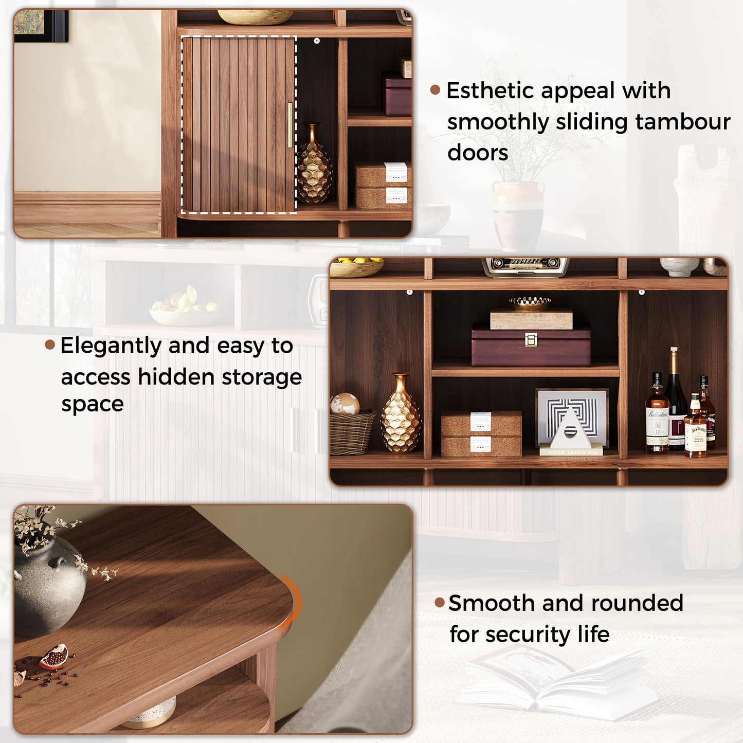 IRONCK 55" Sideboard Buffet Cabinet with Storage, Fluted Credenza with Sliding Door & Open Shelf, Mid Century Modern Accent Coffee Bar Console Table for Kitchen, Living Room, Entryway, Walnut