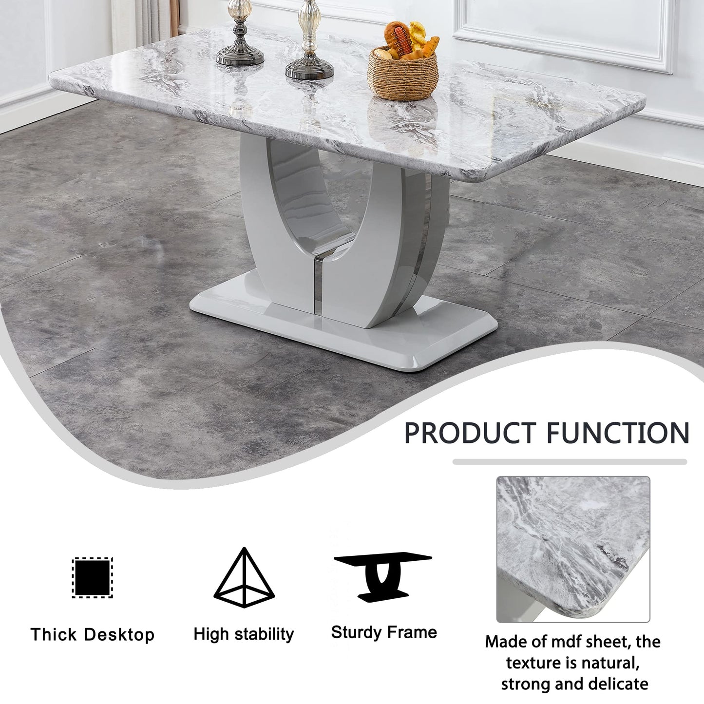 JUFU 63" Faux Marble Dining Table for 6, Modern Rectangular Kitchen & Dining Room Table, Gray Marble-Look MDF Top, U-Shaped Pedestal Base, Easy Assembly