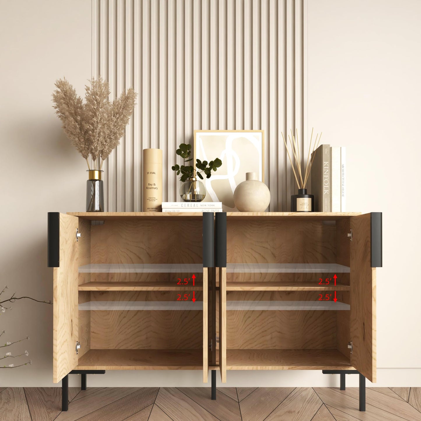 ALBSL 4 Doors Sideboard Buffet Cabinet with Adjustable Shelves, Modern Accent Sideboard with Golden Legs, Wide Storage Cabinet for Kitchen, LivingRoom,Natural