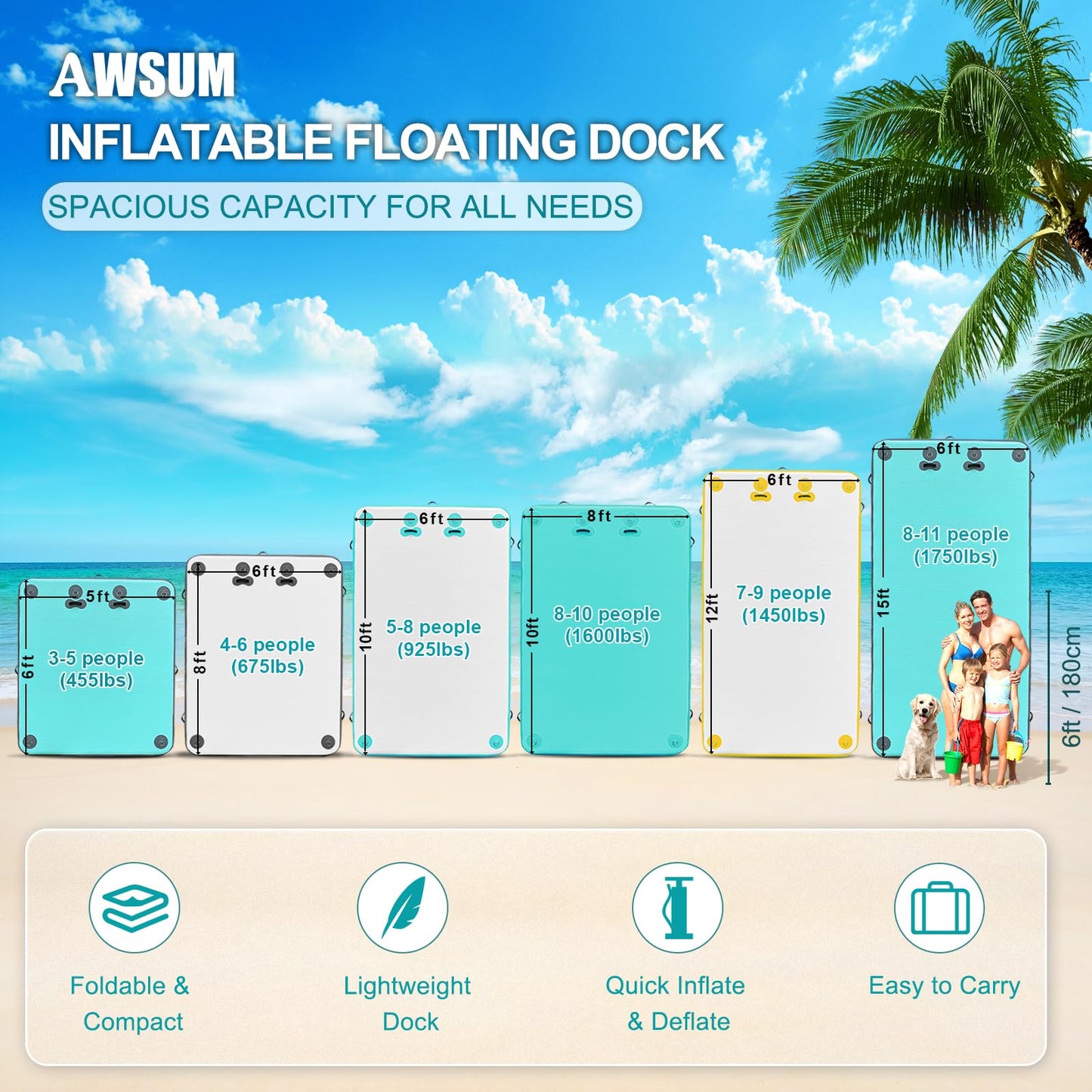 AWSUM Inflatable Floating Dock Air Dock Platform, 6ft x 5ft Floating Island Raft with Non-Slip Surface for Lake Pool Beach Ocean