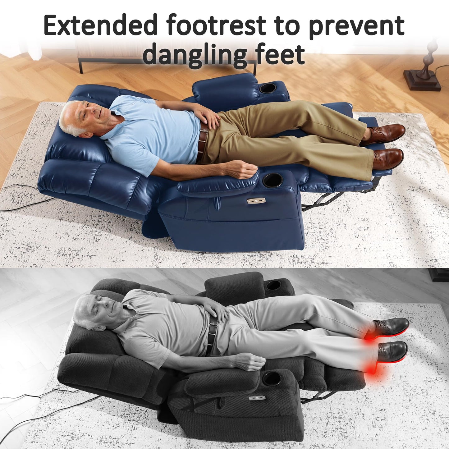 MCombo Large Triple Motor Power Lift Recliner Chair with Massage and Dual Heating, Adjustable Headrest for Tall Elderly People, Faux Leather 7634 (Blue, Large)