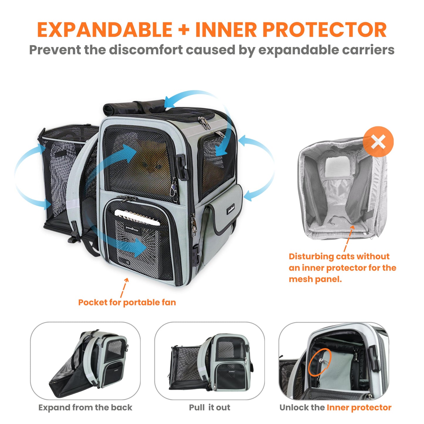 Crash-Tested Expandable Cat Backpack Carrier | 2-in-1 Cat Car Seat & Dog Backpack Carrier | 4 Windows for Exploring, 4-Side Breathable, Zipper Locks, Foldable | Perfect for Hiking & Pet Car Travel.