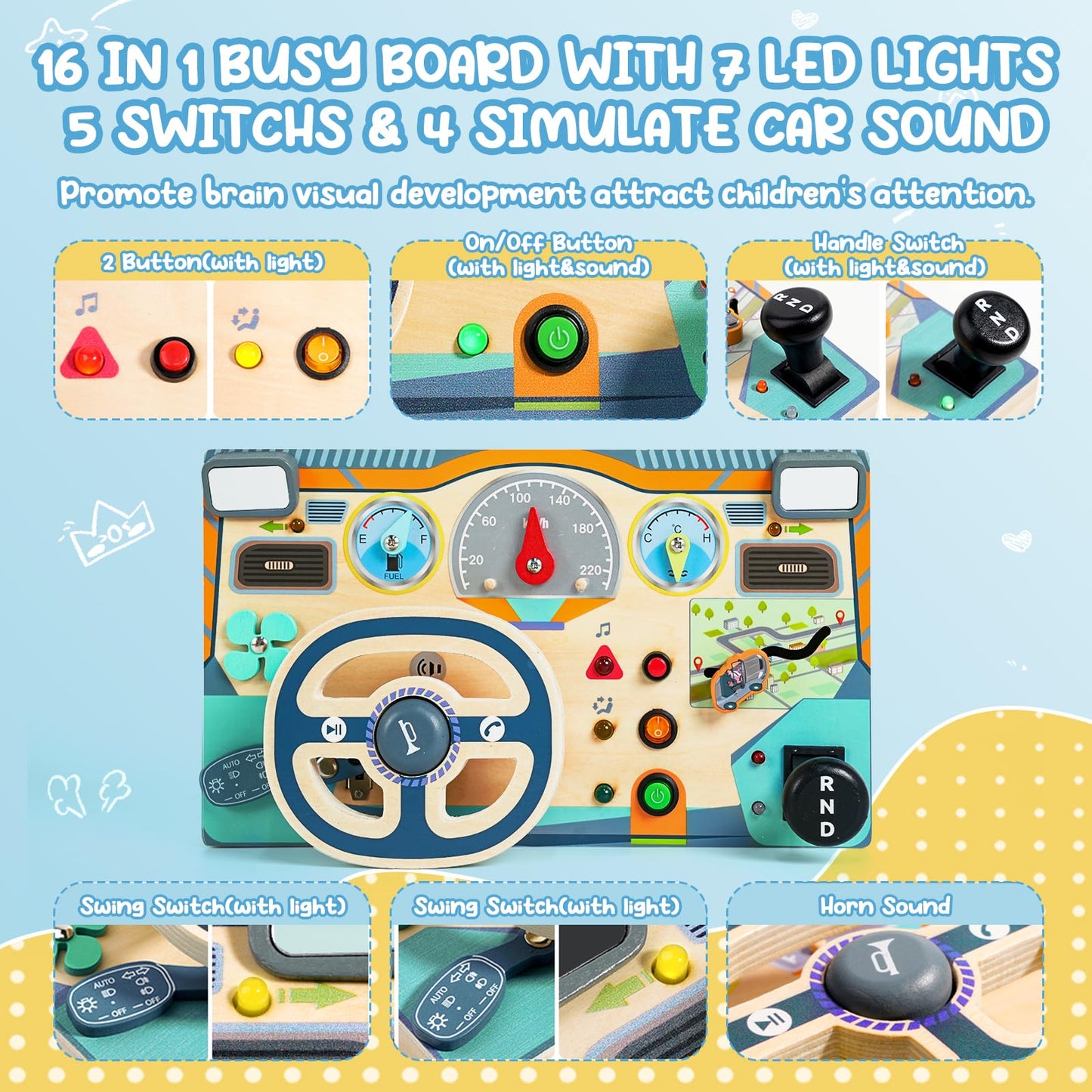 Busy Board Montessori Toys for 1 2 3 Year Old, Wooden Toddler Sensory Toy Busy Board with LED Lights Sound Switch, Toddlers Activity Travel Toy, Steering Wheel Toddler Toys Christmas Gift for Boy Girl