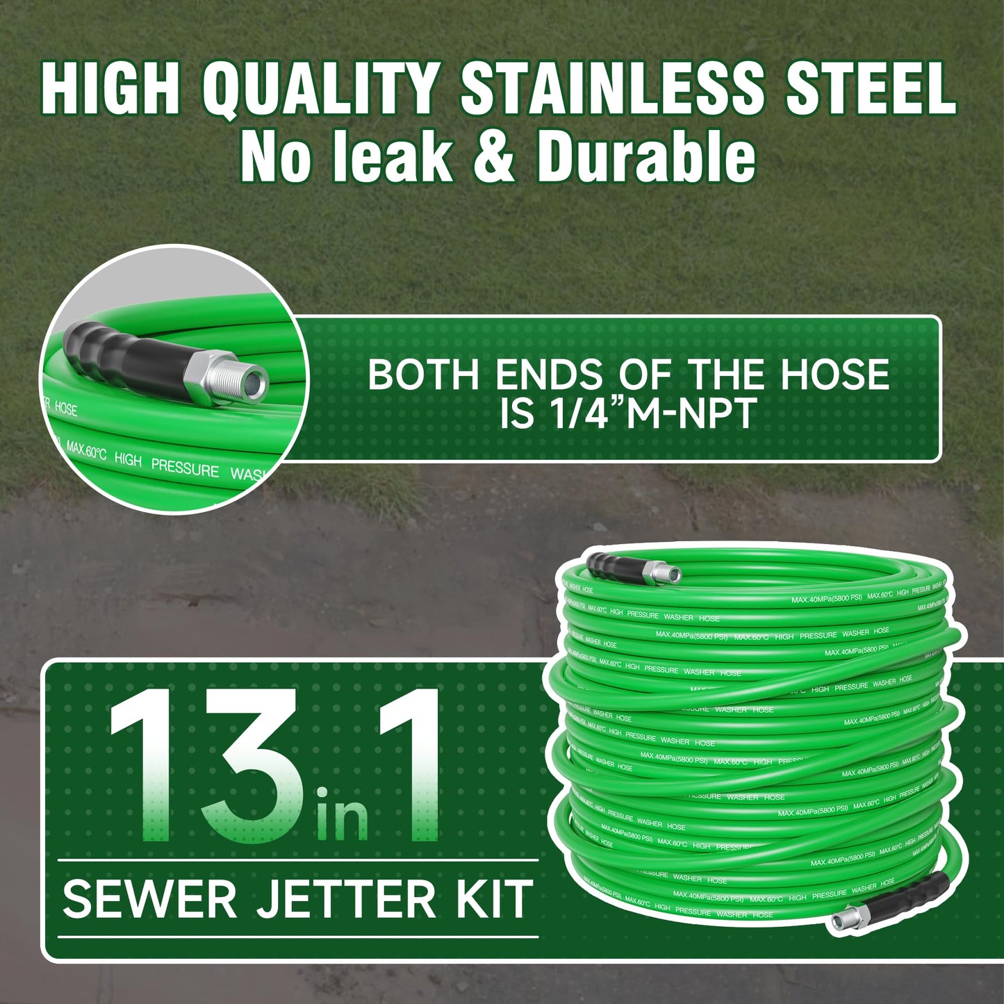 ClearRush Sewer Jetter Kit for Pressure Washer 100FT – 5800PSI High-Pressure Drain Cleaner, M22 & 1/4'' NPT Universal Fit, Unclog Gutters & Sewer Lines, Durable Jetter Hose for Homeowners & DIYers