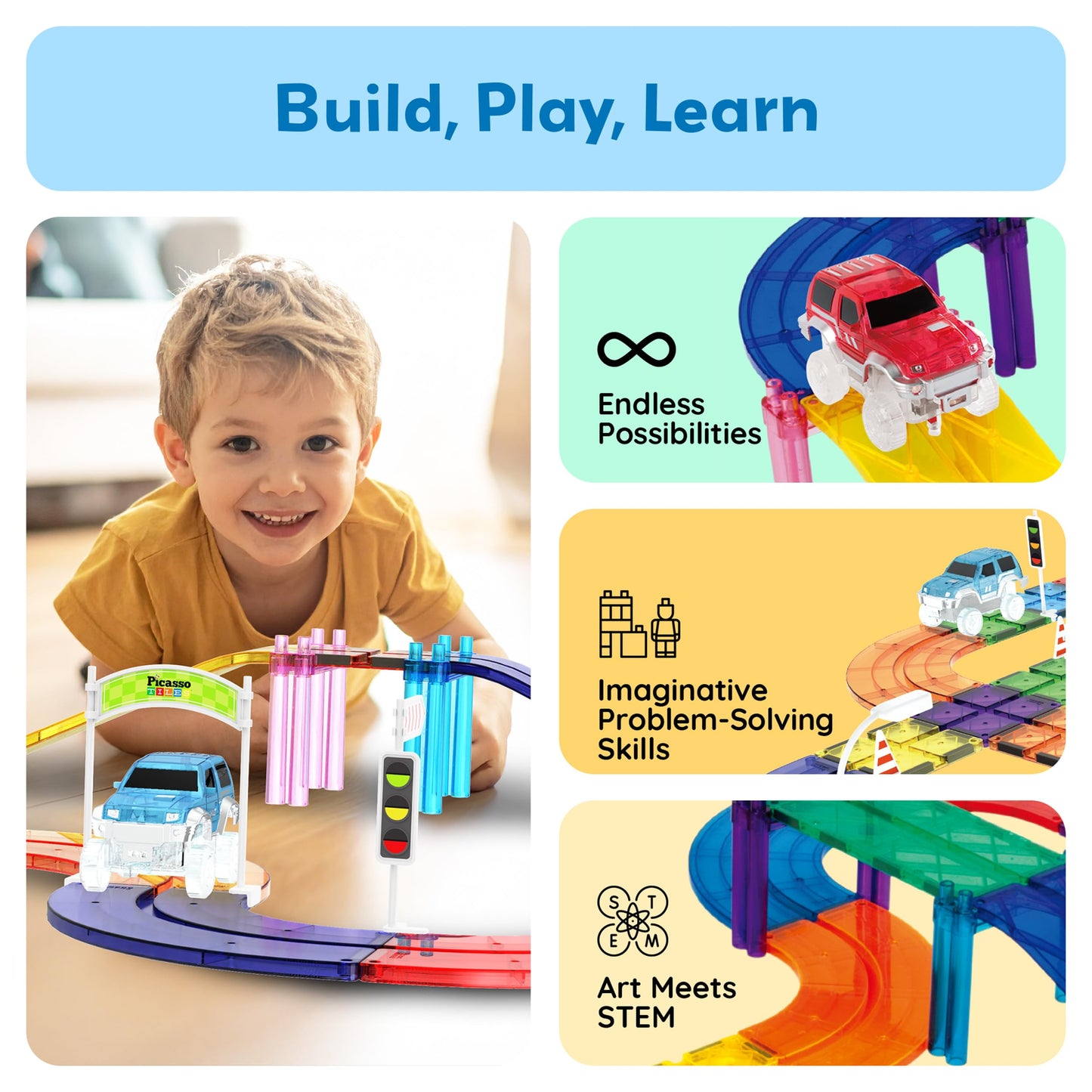 PicassoTiles 45pc Magnetic Tiles Race Track Set With 2 Racing Cars Plus Traffic Accessory Kit STEM Educational Learning Construction Building Magnet Tile Toy For Toddlers Boys Girls Kids Age 3+ PTR451