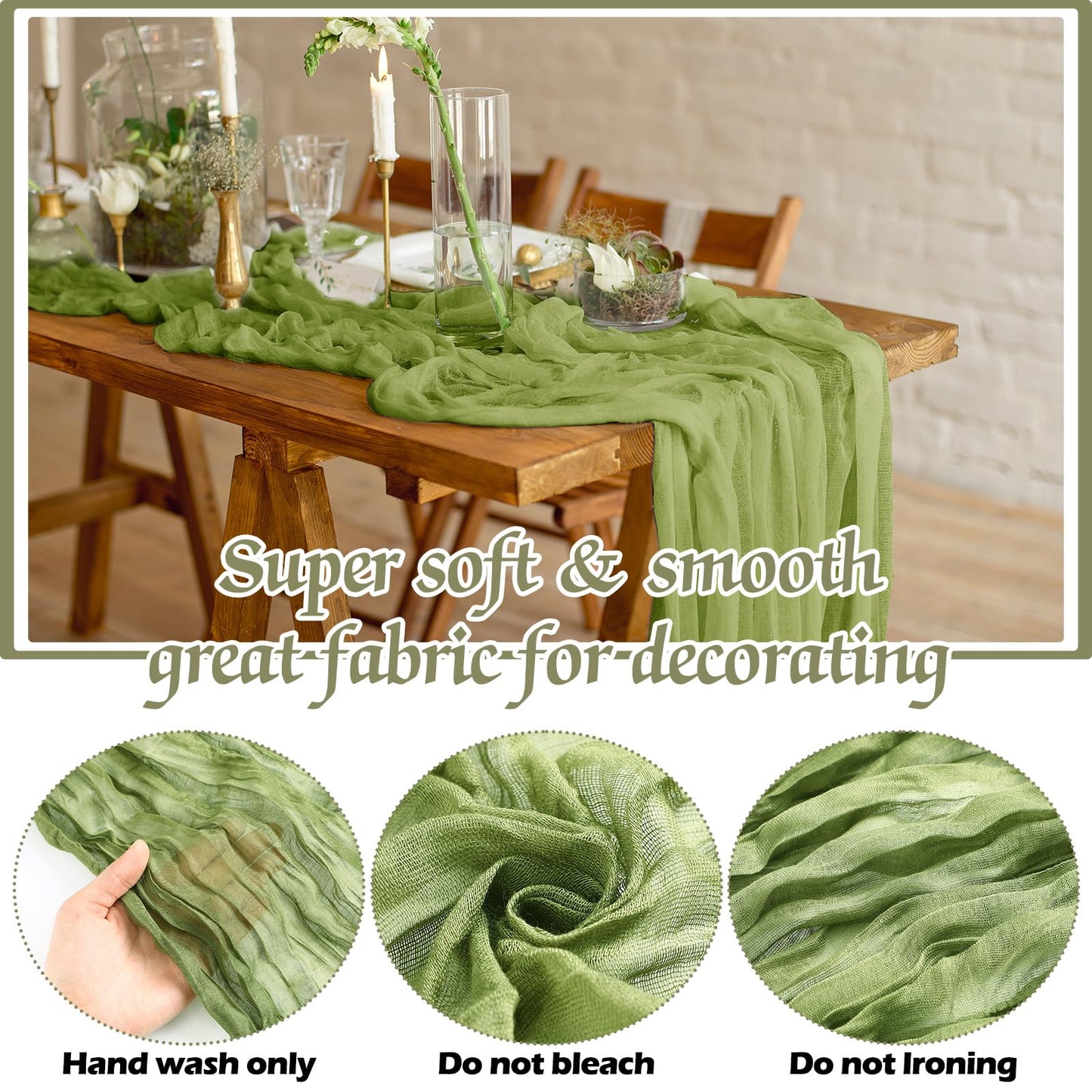 Remagr 12 Pcs Cheesecloth Gauze Table Runners Boho Wedding Decor Rustic Sheer Runner for Wedding Table Bridal Shower Birthday Party Decorations(Gradient Green,12 Pcs)