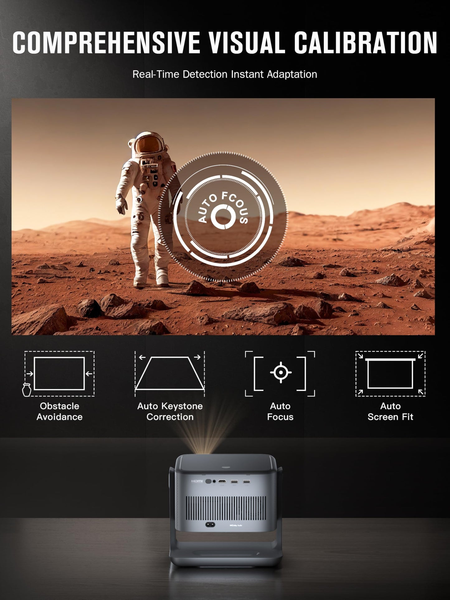 【2200ANSI & Officially-Licensed APP】Smart 4K Projector with WiFi and Bluetooth, VISSPL 3D Dolby Audio and Auto Focus Portable Outdoor Projector, Movie Home Theater Proyector with 360° Adjustable Stand
