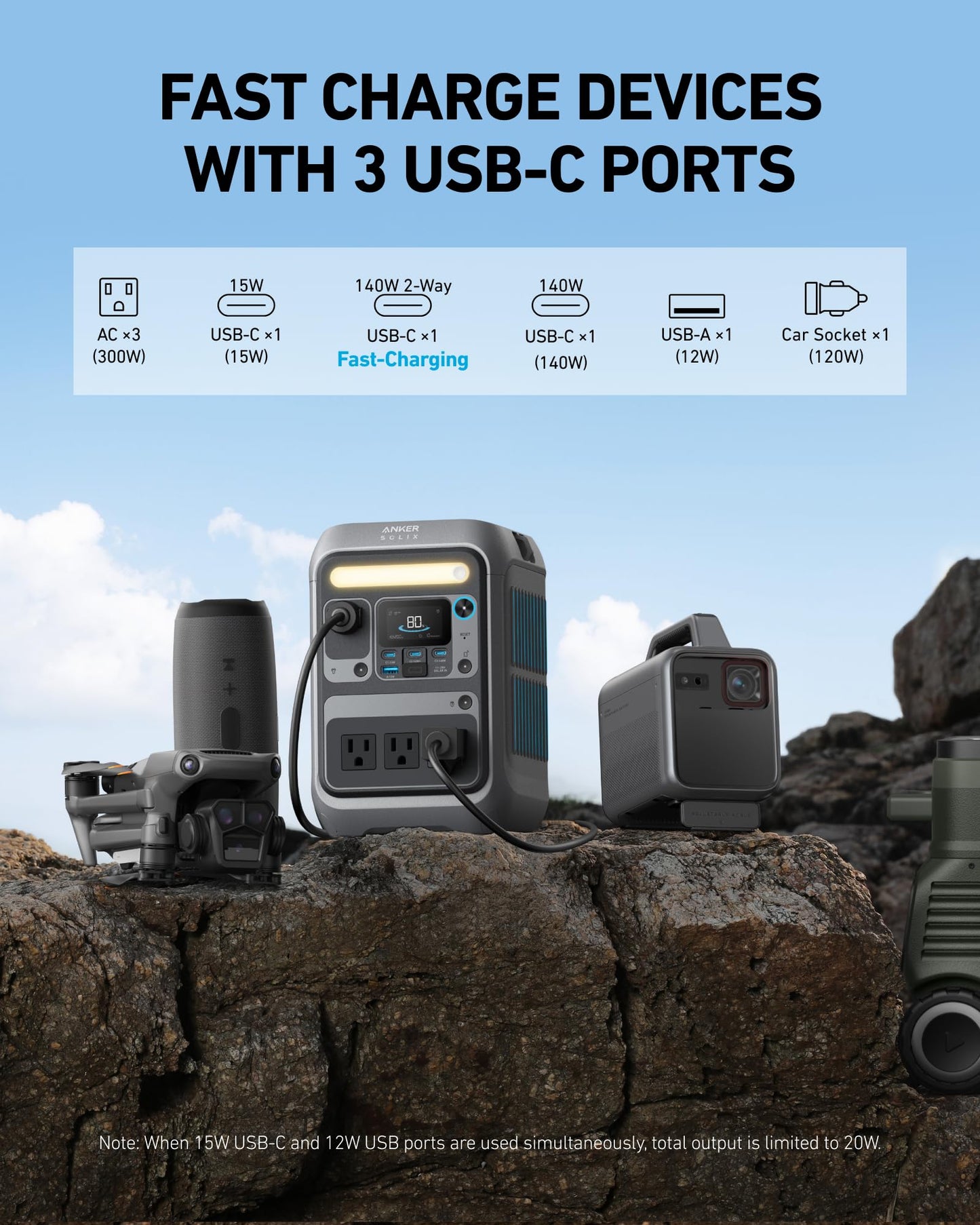 Anker SOLIX C300 Portable Power Station with Car Charging Cable, Outdoor 288Wh LiFePO4 Battery, 300W (600W Surge) Solar Generator, 140W Two-Way Fast Charging, for Camping, Traveling, and Emergencies.
