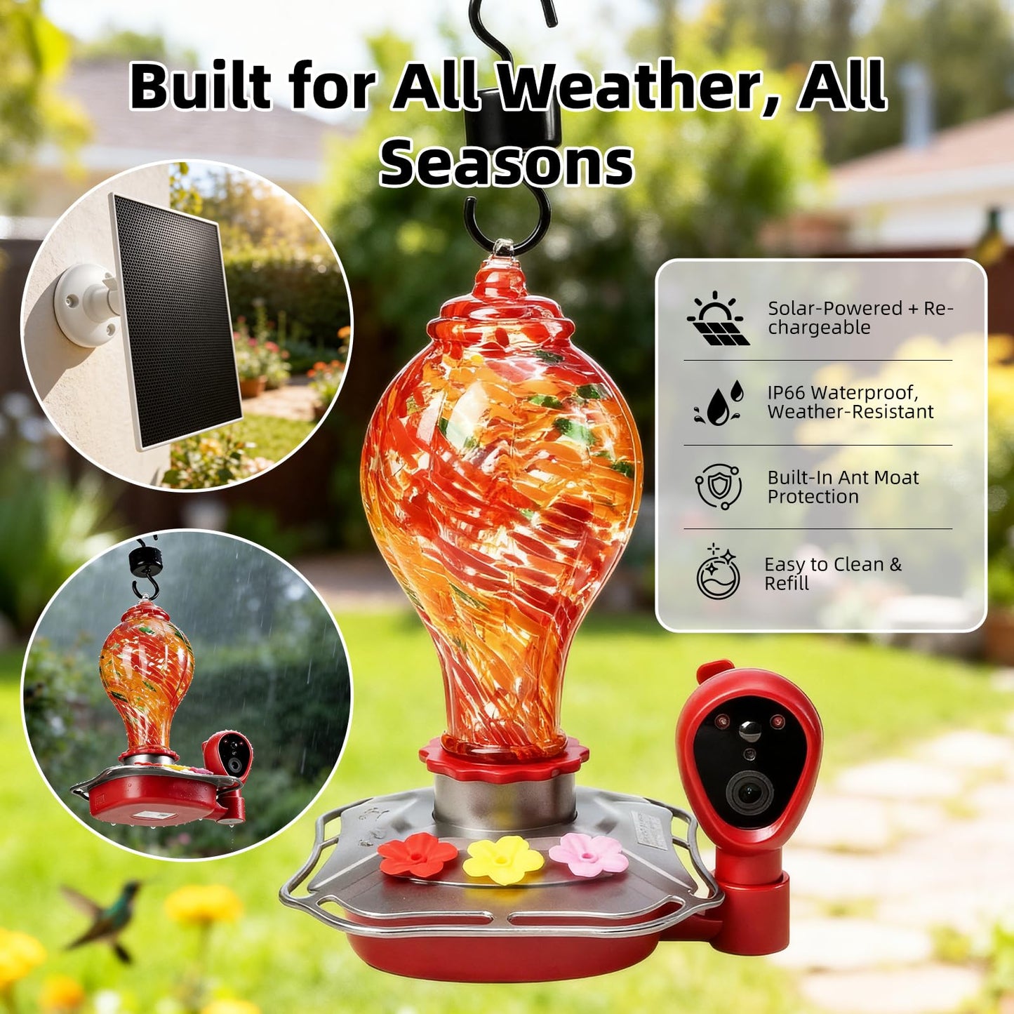 Smart Hummingbird Feeder with Camera, Solar Powered 2K HD Live View Glass Station, AI Bird ID & Motion Alerts, Auto Nectar Monitor, Leakproof Water Moat, Outdoors Hanging Gift (2.4GHz Wi-Fi Only)