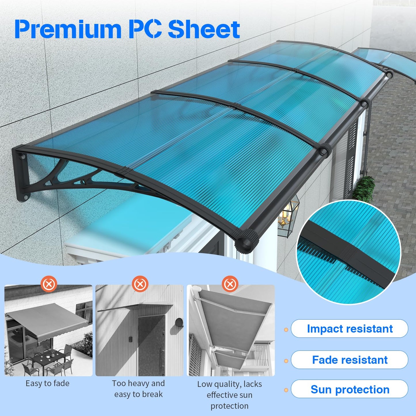 Awning for Door Entrance with Drainage Sink,40x80 Inch Awnings for Doors,Window Canopy Exterior with Plastic Steel Bracket,Polycarbonate Cover,UV,Rain,Snow Protection for House,Porch,Patio,Deck