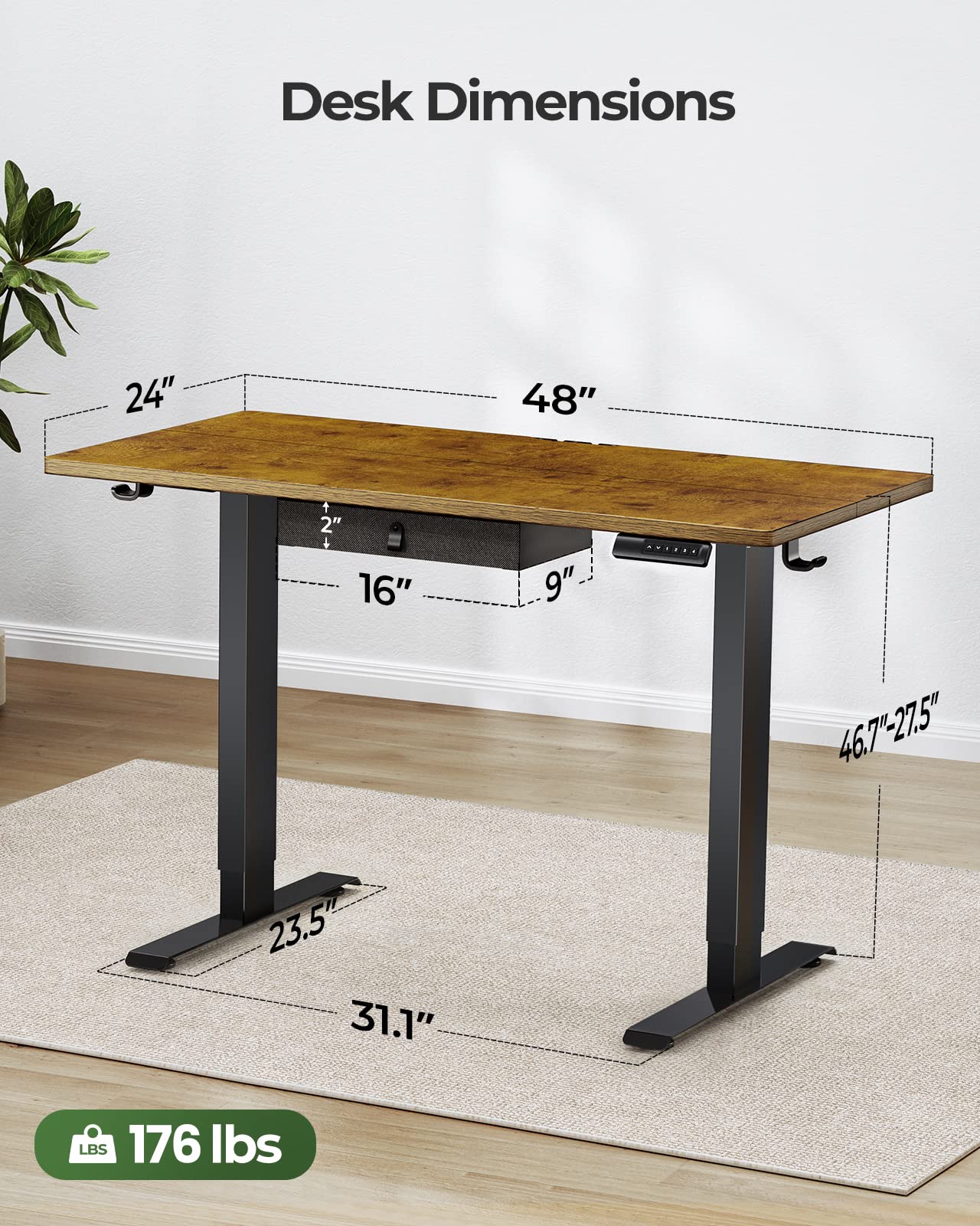 Marsail Standing Desk with Drawer, 48x24 Inch Adjustable Height Standing Desk, Electric Stand up Desk, Sit Stand Home Office Desk, Ergonomic Workstation for Home Office Computer Gaming Desk Rustic