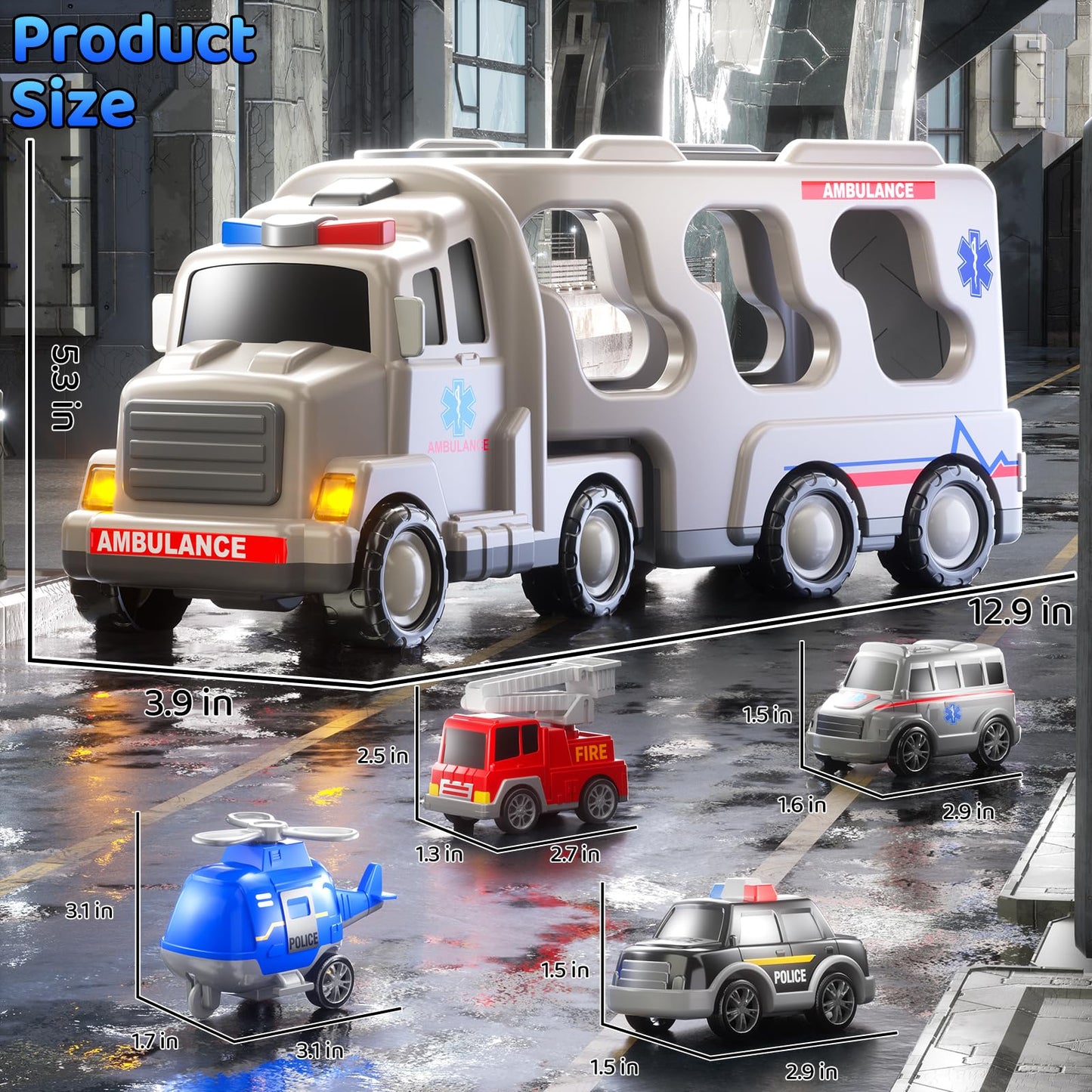 KIZONLY Ambulance Truck Toys Set for Kids Toddlers 1-3 3-5 Years Old, Carrier Truck Playset with Toy Cars, Light and Sound, City Learning Toys for Toddlers, Birthday Gifts for Boys Girls Aged 2-4 4-8